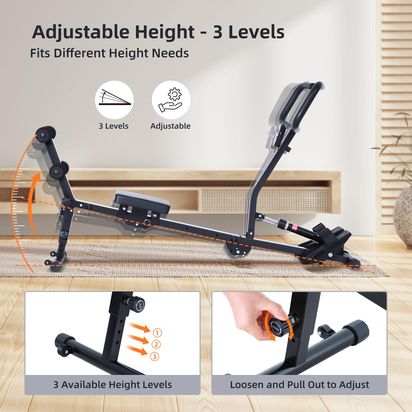 Rudergerät für Zuhause, Sportneer Hydraulisches Rudergerät klappbar mit 12 Widerstandsstufen, Fitnessgerät für Zuhause, Bauchtrainer mit U-Griff & Rückenlehne, bis zu 135 kg belastbar
