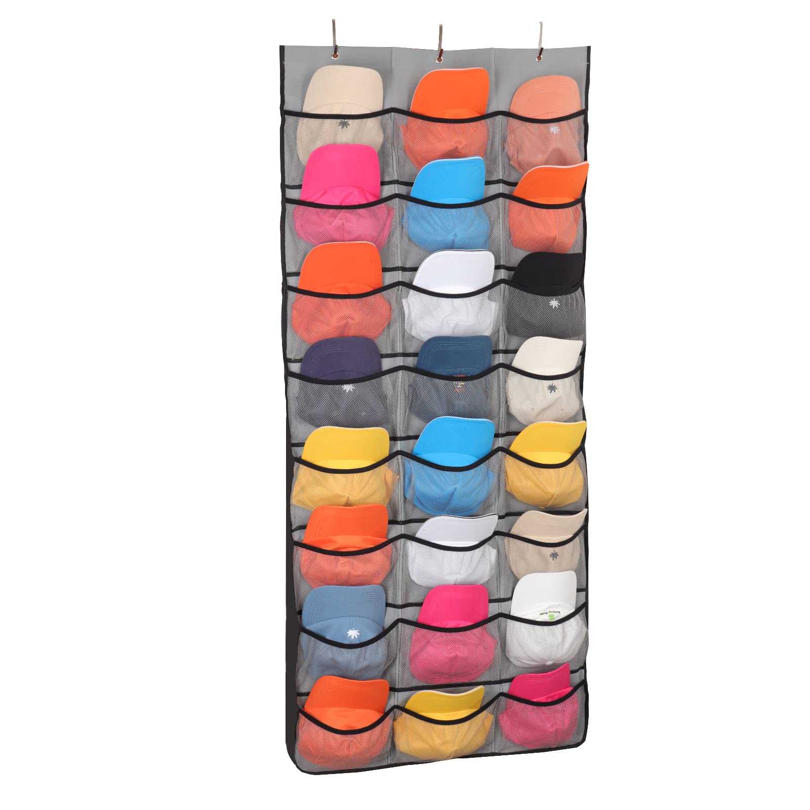 Cheng San Cap Rack,24 Large-Capacity Pockets hat Organizer for Baseball caps,Suitable hat Rack for Wall Elastic Large mesh Pocket hat Rack Storage Rack, Gray