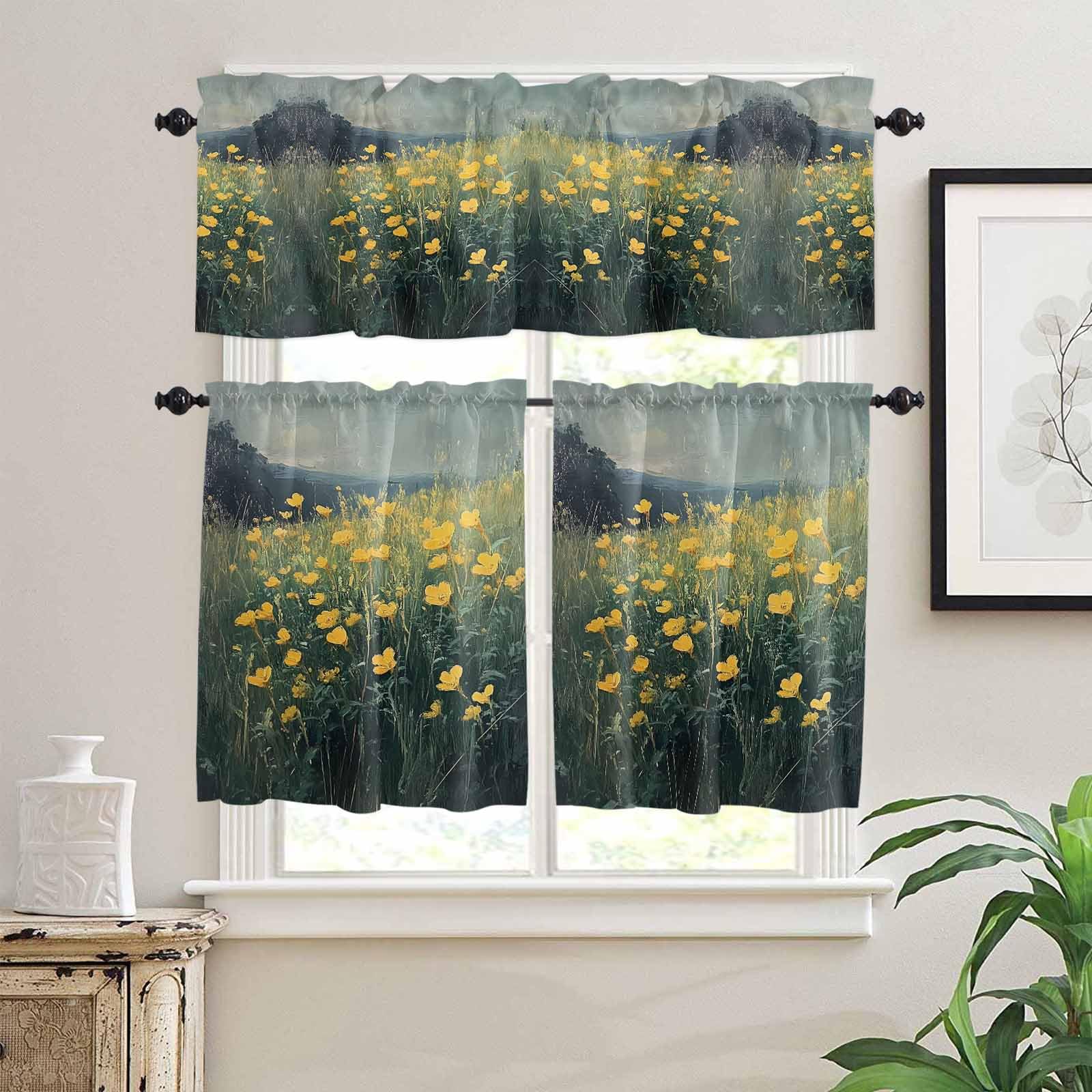 Yellow Spring Floral Kitchen Curtains 36 Inch Length,3 Piece Rod Pocket Small Half Tiers and Valance Set,Modern Oil Painting Green Botanical Small Large Window Treatment Decor for Bedroom/Bathroom