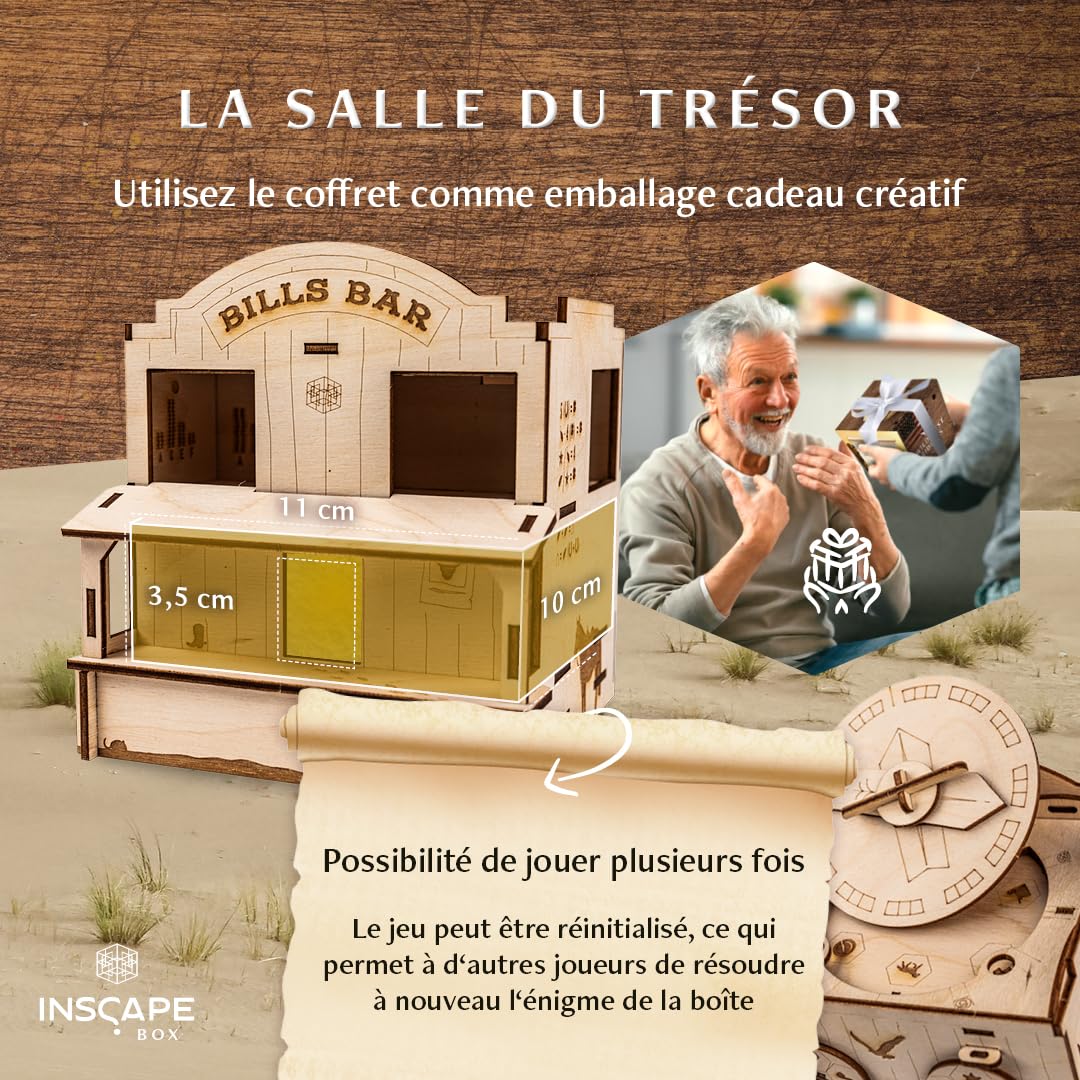 INSCAPE Boîte de puzzle en bois Wild West - Jeu d'évasion pour adultes - Puzzle 3D - 100 pièces - 14,5 x 13,5 cm - À partir de 14 ans