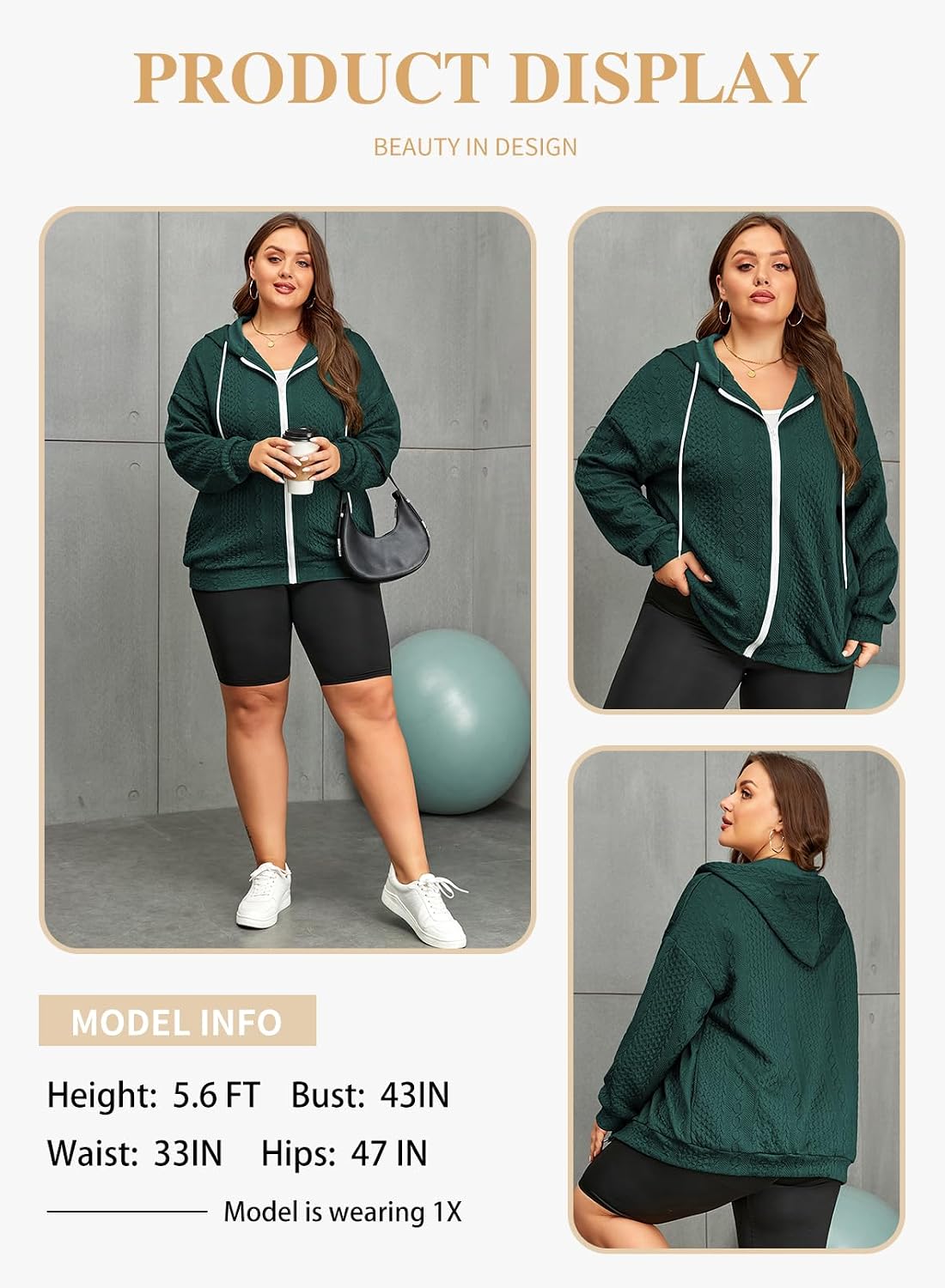 Eytino Womens Plus Size Hoodies Sweatshirt Long Sleeve Zip Up Drawstring Jacket Coat Outwear with Pocket(1X-5X)