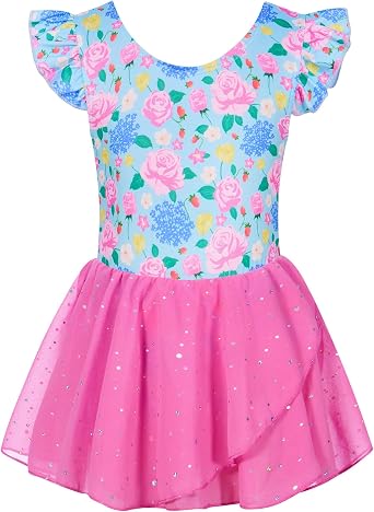 Funnycokid Ballet Leotards for Girls Ballerina Outfit, 2-9 Years | Multiple colors, size 2-9 dance leotard drees for girls with ruffle sleeves and a sparkling chiffon tutu skirt.