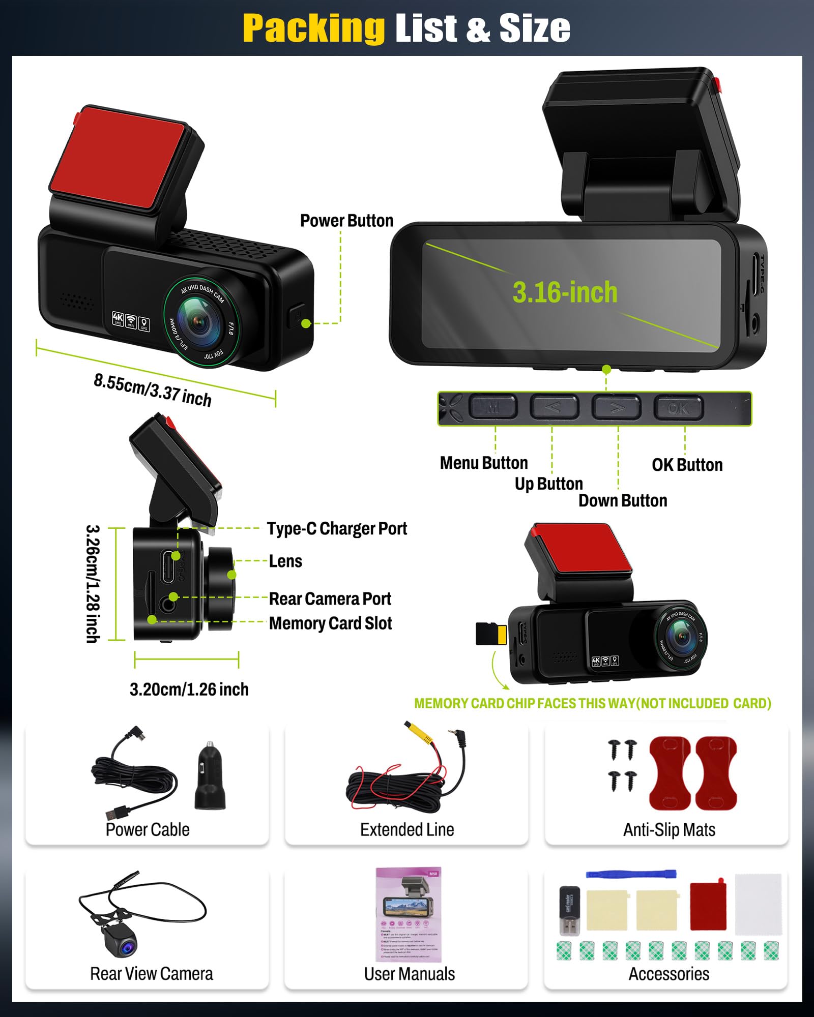Dashcam 4K Anteriore e posteriore per auto, videocamera per auto 4K+2K FHD, videocamera per auto con GPS, ADAS, APP, Grandangolo 150°, visione notturna, sensore G, registrazione in loop