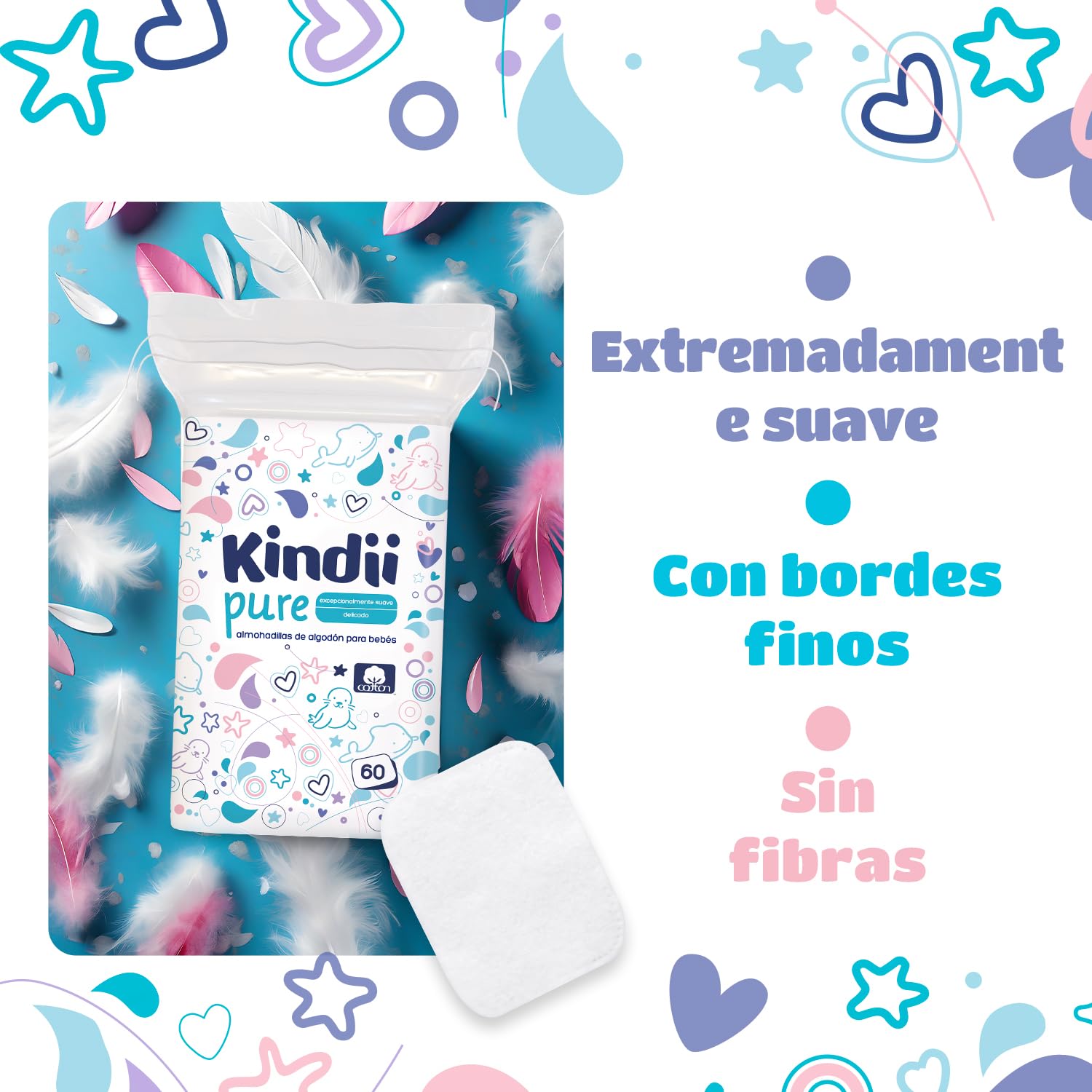 Kindii Pure – Gasas Bebé (1x60 Piezas) – 100% Algodón, limpieza facial, cambios de pañal – Delicadas para pieles sensibles, no se deshilachan – 60 Piezas