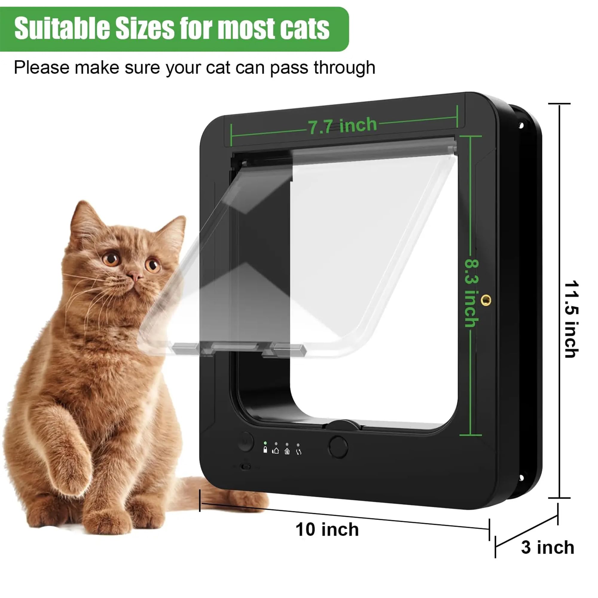 Gatera con Microchip, Puerta Inteligente para Gatos, con 2 Collares con Sensor y 1 Mando a Distancia, tamaño de Apertura: 7.7 * 8.3 in, para Gatos, Cachorros（Negro）