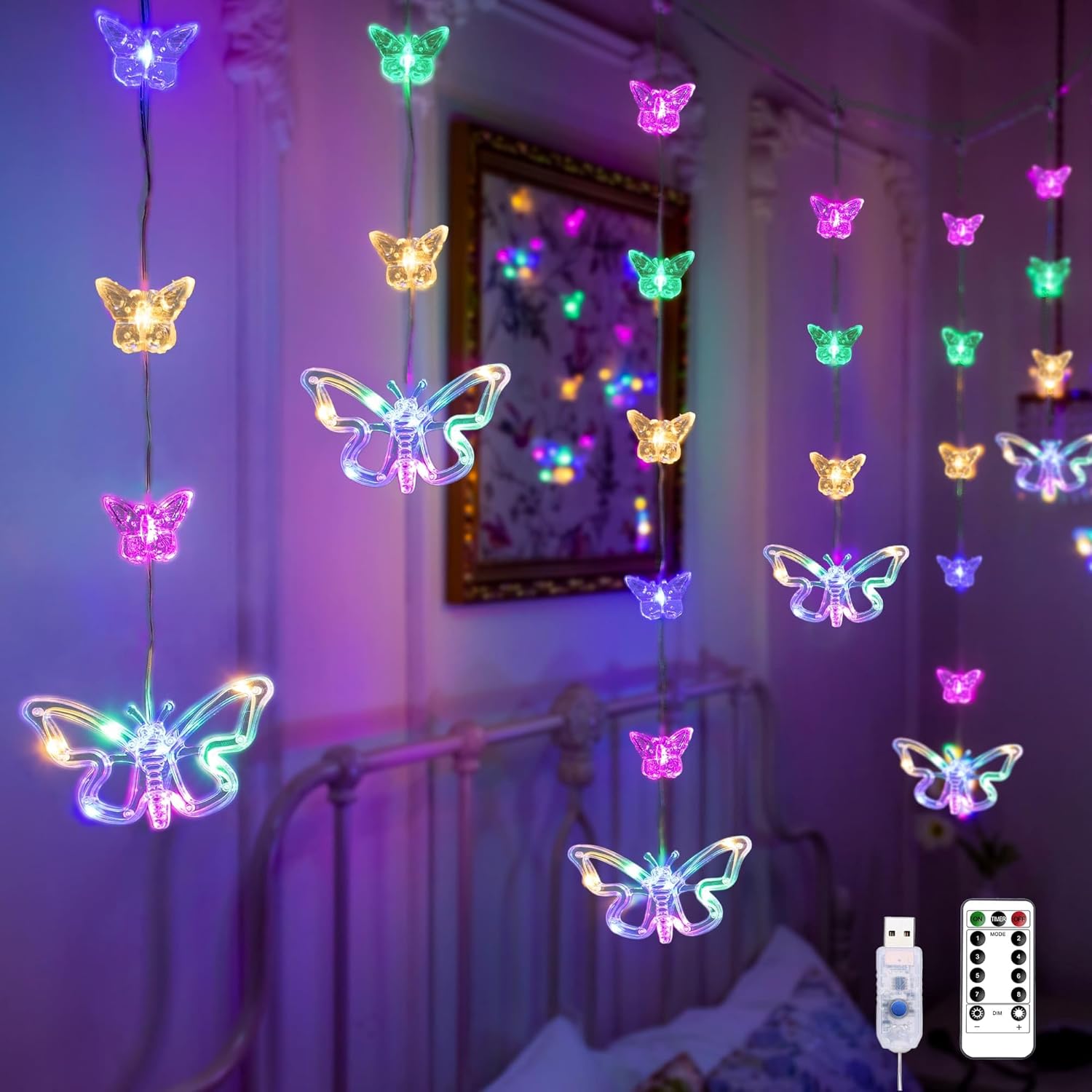 butterfly curtain lights draped over bed canopy