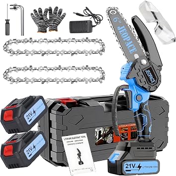Mini Chainsaw Cordless, 6 Inch, 21V Lithium-Ion Battery Powered, 2 Batteries, 2 Chains, Charger, Gloves, One-Hand Operation Blue & Chain*2 & Powerful Battery*2