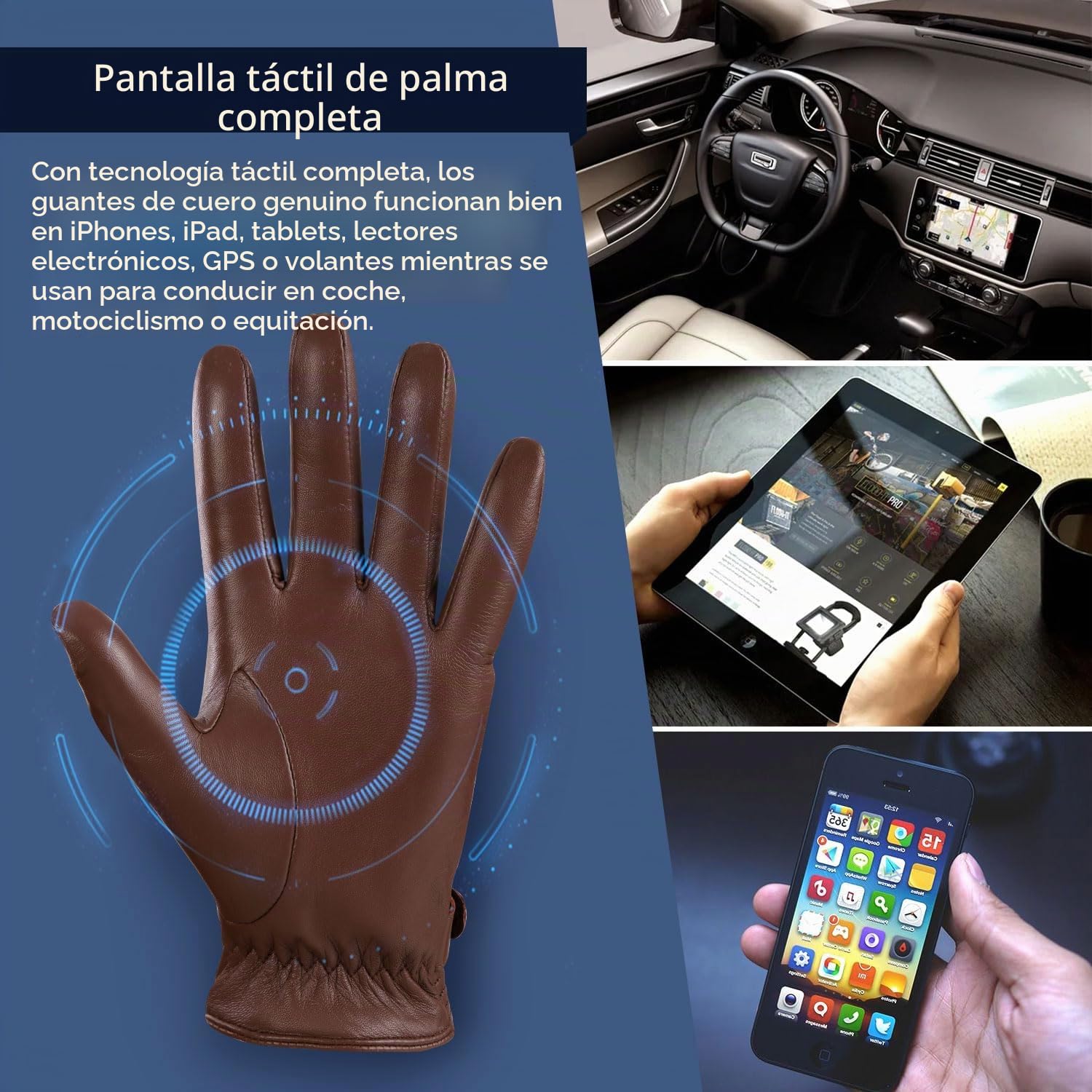 GSG SINCE 1998 Guantes Piel Hombre y Cuero – Piel de Oveja Sin Cromo, Compatibles con Pantalla Táctil, Guantes de Invierno para Conducir con Forro de Cachemira Marrón Oscuro M