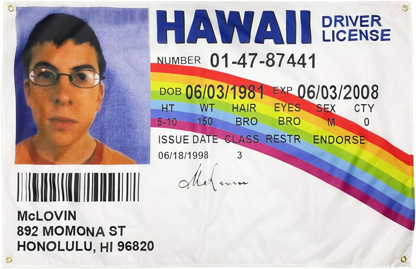WYFGL 3ร5 FT McLovin Fake ID Flag Driver License Flag with 4 Brass Grommets 100D Double Stitched Funny Banner Decor for Dorm College