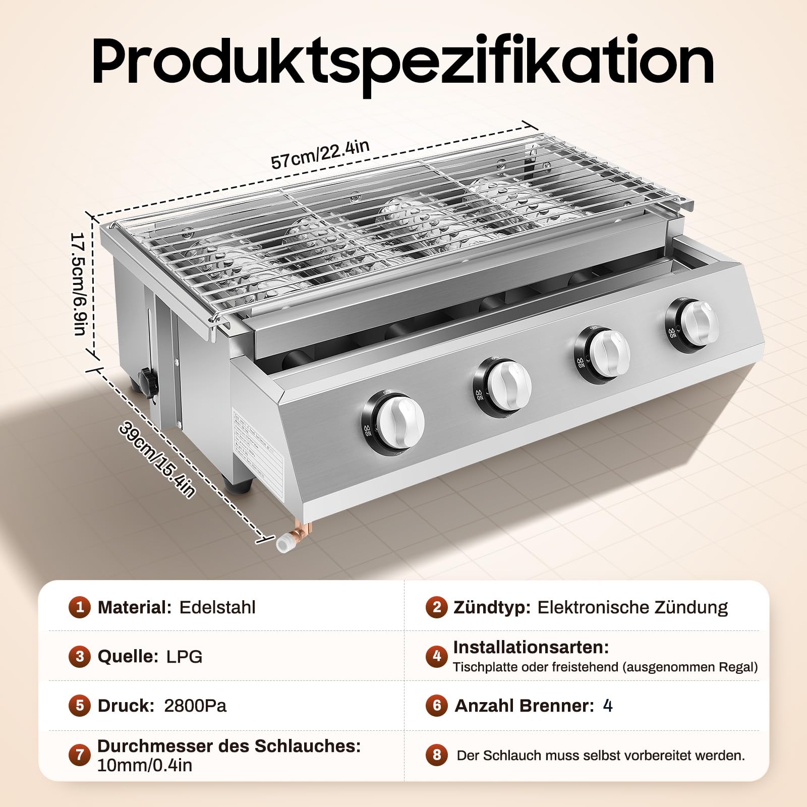 Barbecue a gas portatile GPL, in acciaio inox, con piastre in acciaio, 57 x 39 x 17,5 cm, per grigliare bistecche, frutti di mare, carne, verdure