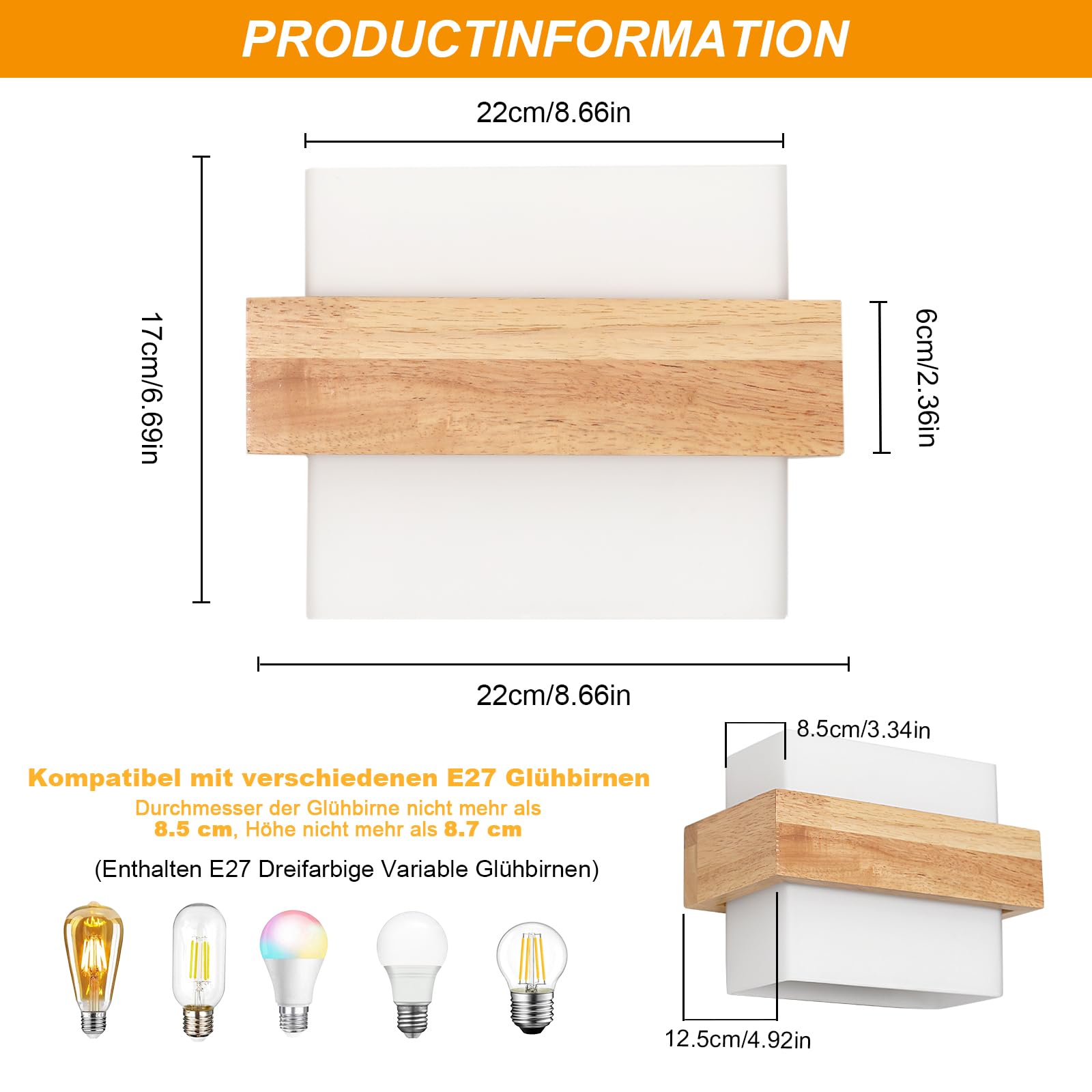 Toolight Wandleuchte Glas Breit Braun E27 Treppe Schlafzimmer 22cm