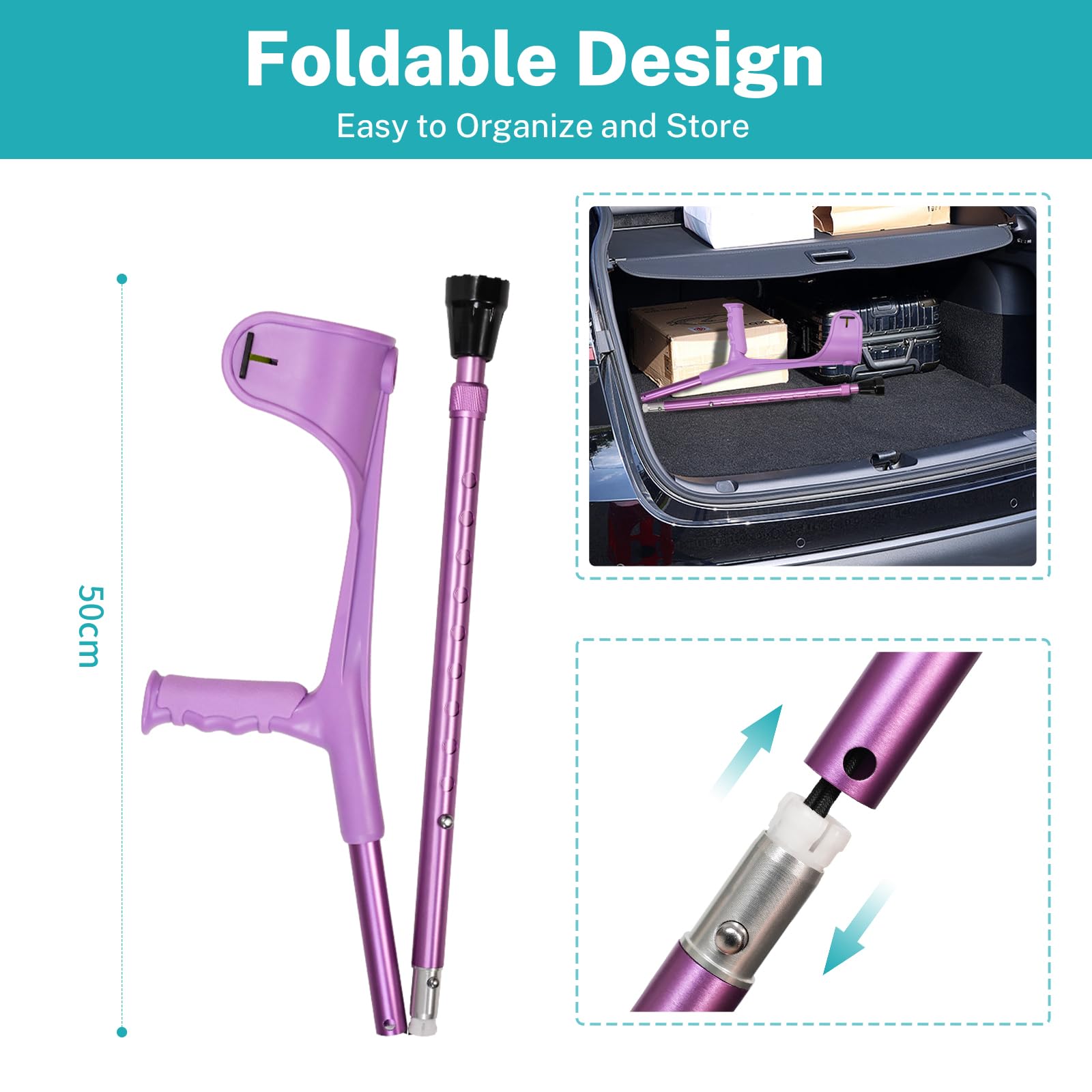 Par de muletas de antebrazo plegables para adultos, 10 niveles de altura, ligeras, de aluminio, con reflectores, cómodo mango ergonómico, color morado