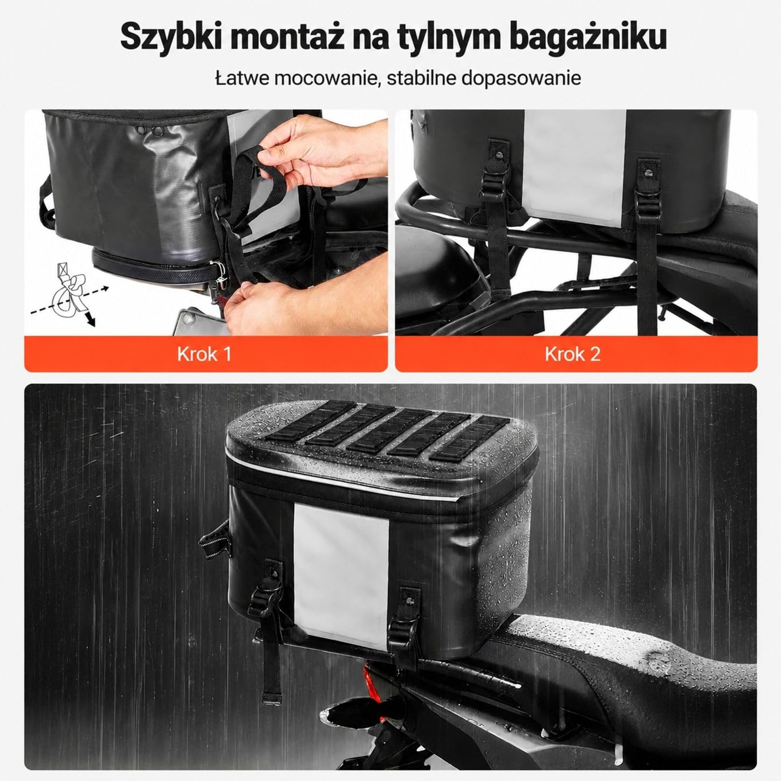 Torba motocyklowa tylna 28 L, czarna sakwa na siedzenie pasażera z kieszenią i regulowaną klamrą, do bagażnika