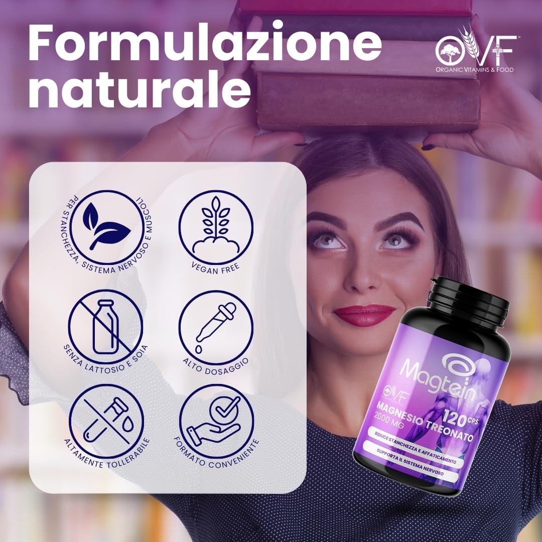 OVF Magnesio Treonato Puro Magtein ® 2000mg 120 Capsule, Magnesio Stanchezza e Sistema Nervoso, Integratore Magnesio L Treonato per Concentrazione, Stanchezza Fisica e Mentale, Senza Zucchero, Vegan