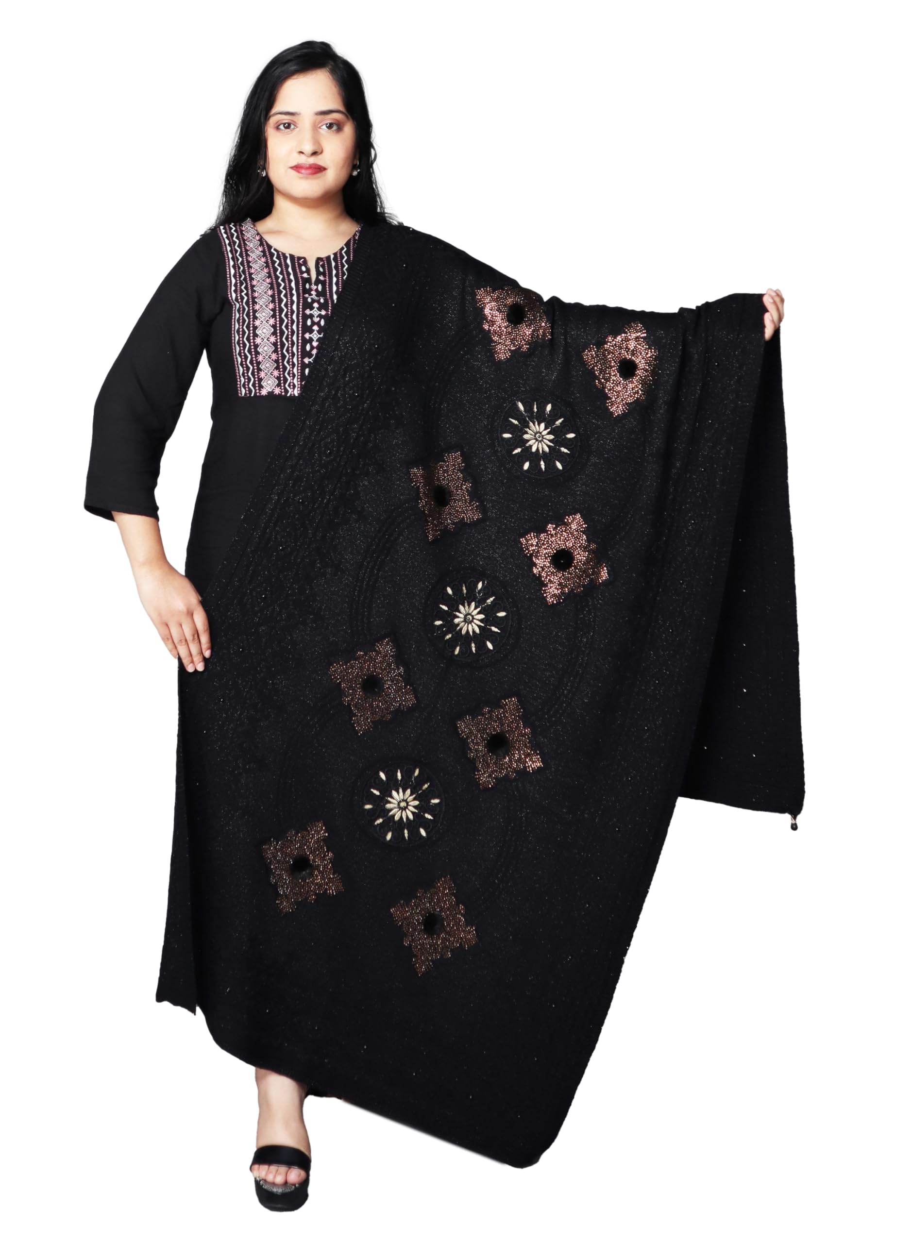 la velora Woolen knitted Winter Stoles | Shawl | Wrap for Women with Premium Floral Embroidery, Matching Fur POM-POM Embellished with Swarovski Rhinestone Pearls and Fancy Glitter Yarn-picture-49