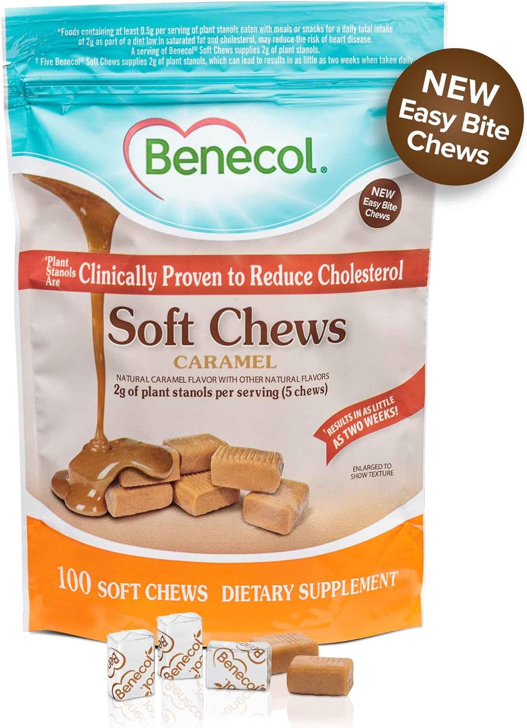 Benecol® Soft Chews – New Easy Bite Chew – with Plant Stanols Clinically Proven to Help Lower Cholesterol – Caramel Flavor – 100 Count Pouch - Image 2