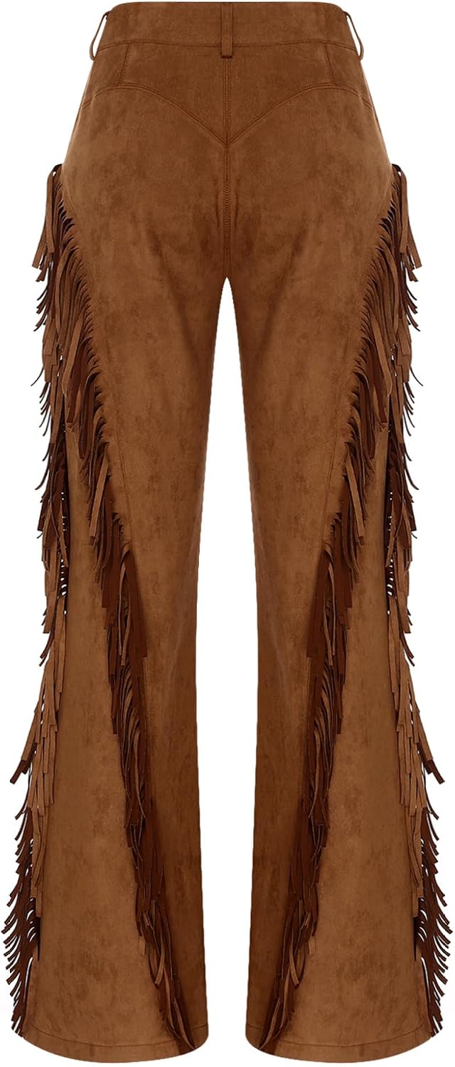 Mufeng Women's Flared Cowgirl Wide Leg Pants High Waist Side Tassels Faux Suede Fringed Trousers Party