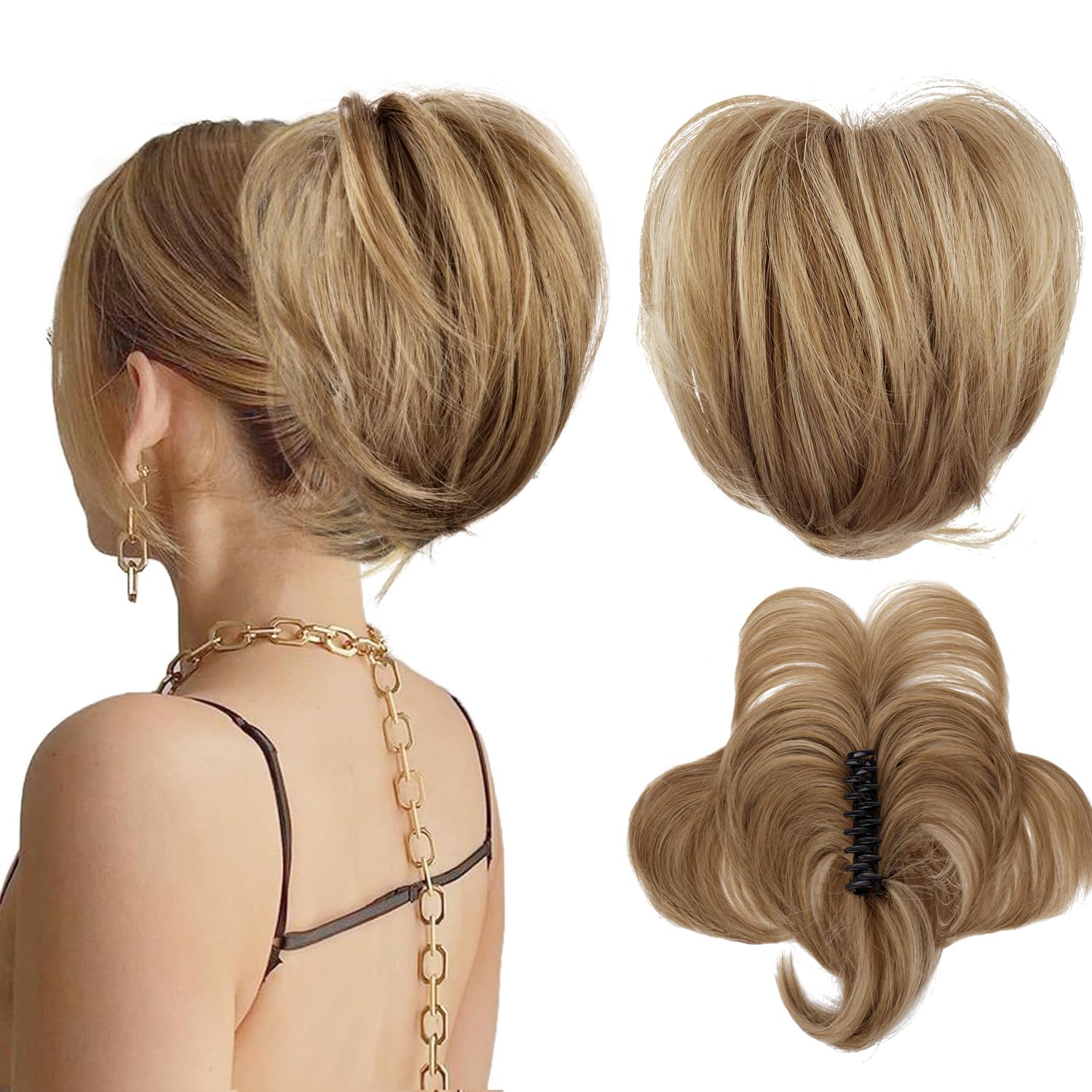 PORSMEER Claw Clip in Short Brown Ponytail Hair Extension with Bendable Metal Wire Hair Pieces for Women Messy Bun Hair Piece Fake Pony Tail DIY Styles