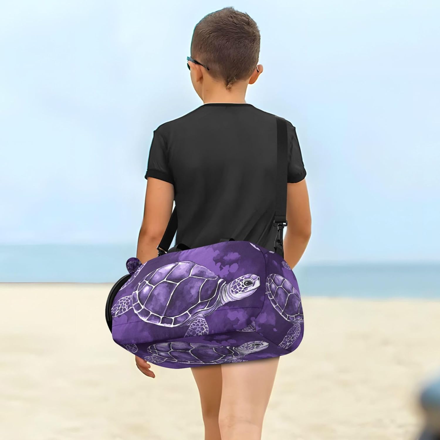 Sea Turtle Purple Duffle Bag for Kids Girls Boys, Sports Gym Bag with Shoe Compartments, Kids Travel Overnight Weekender Shoulder Bag