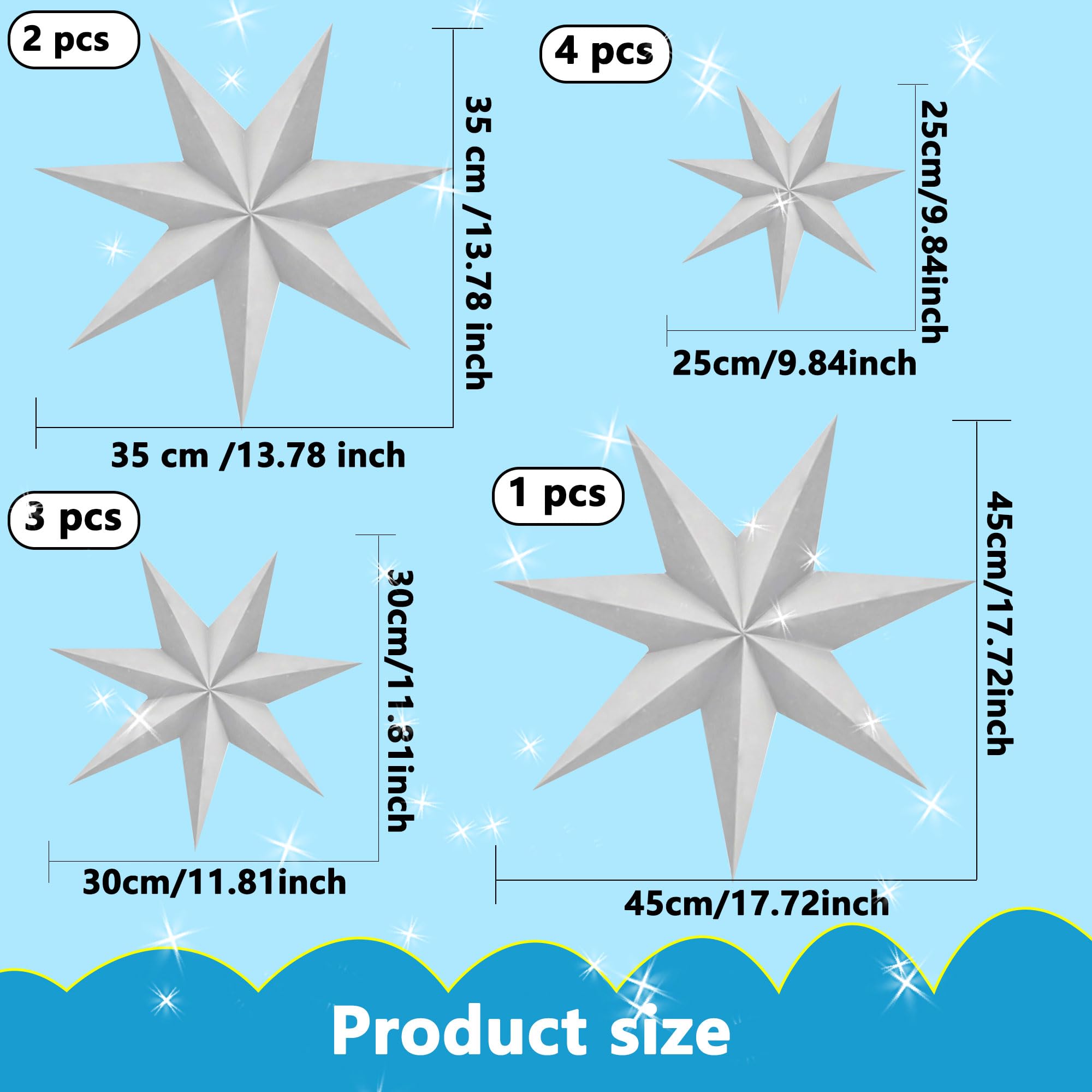 Haconba 10 Pack Christmas 3D Paper Stars 7 Pointed White Hanging Paper Star Lanterns Lampshade for Christmas Wedding Birthday Party Home Decorations, 4 Size