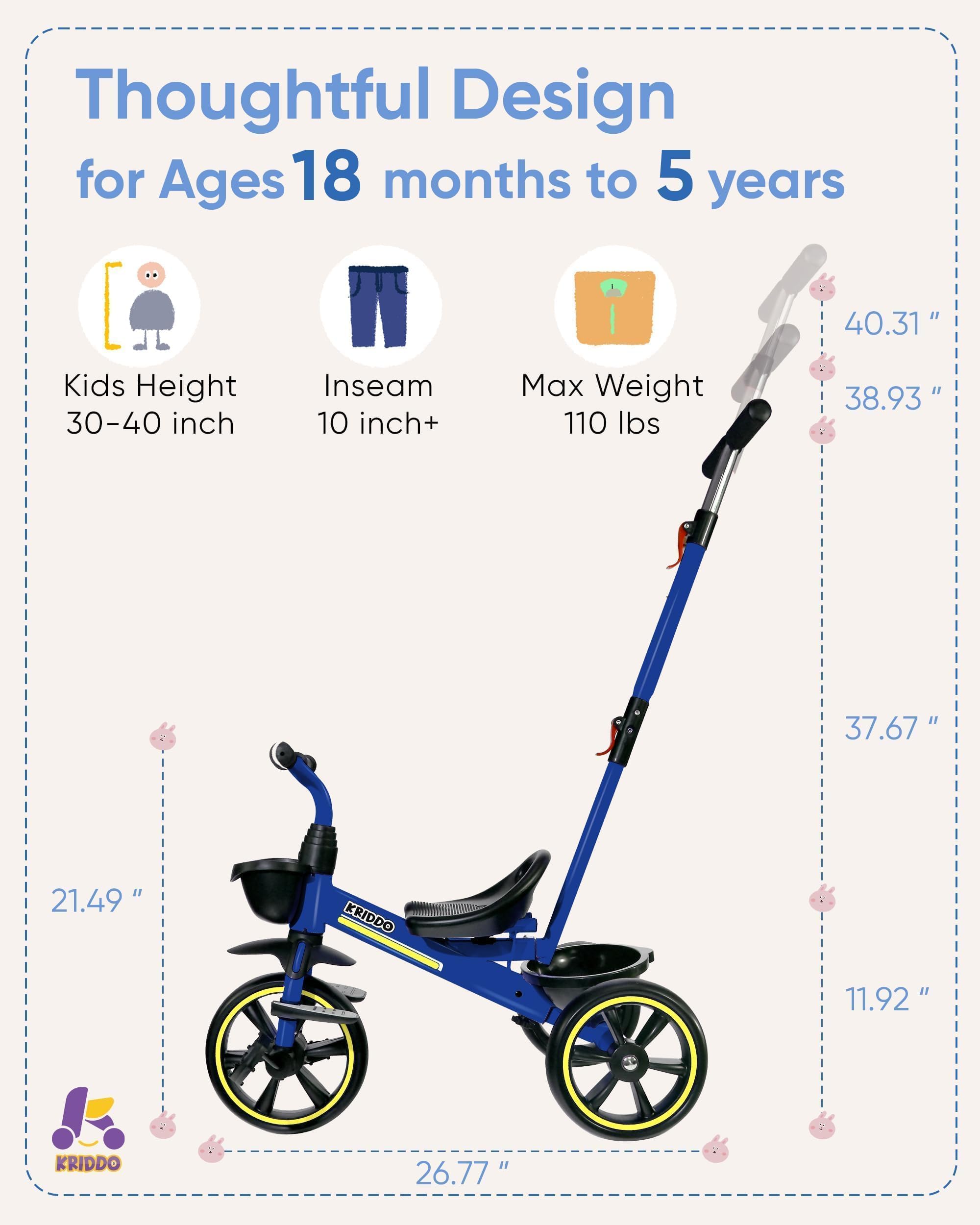 KRIDDO 2-in-1 Toddler Tricycle for Ages 18 Months to 5 Years Old - Extended Push Handle for Effortless Push, Gift Trike for Toddler 3 to 5 Year, Kids Tricycle with Foldable Front Footrest, Blue