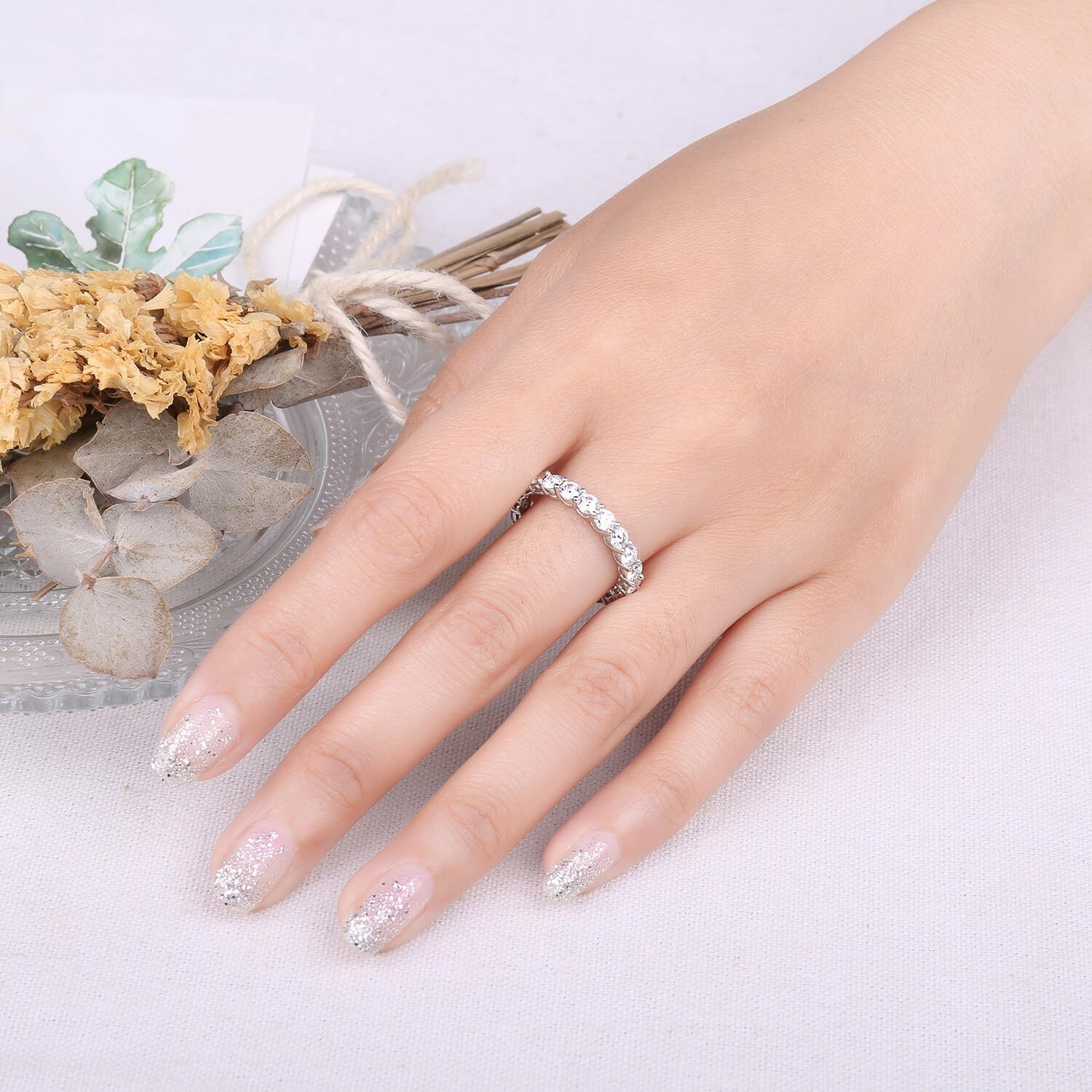 JewelryPalace Genuine Moissanite Wedding Rings for Women, Eternity 14k White Yellow Rose Gold Plated 925 Sterling Silver Promise Ring for Her, Round Cut Simulated Diamond Anniversary Band Ring VVS D-F - Image 4