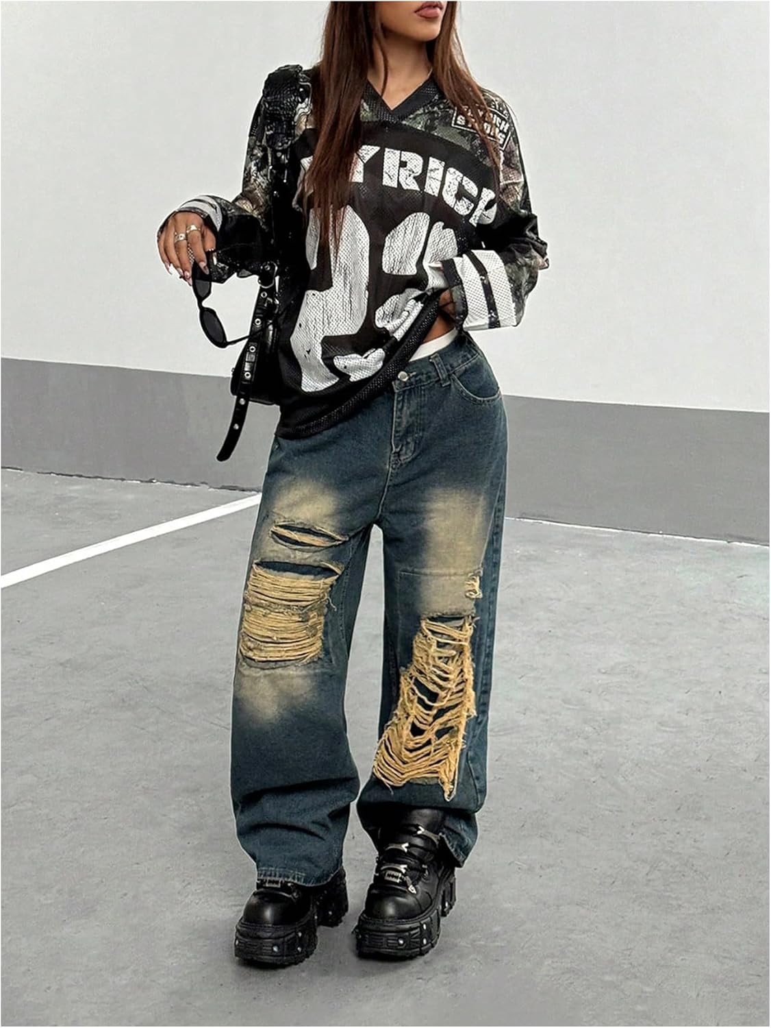 Milumia Women's Number Graphic Jersey Shirt Camo Print Long Sleeve Oversized Football Top - Image 3