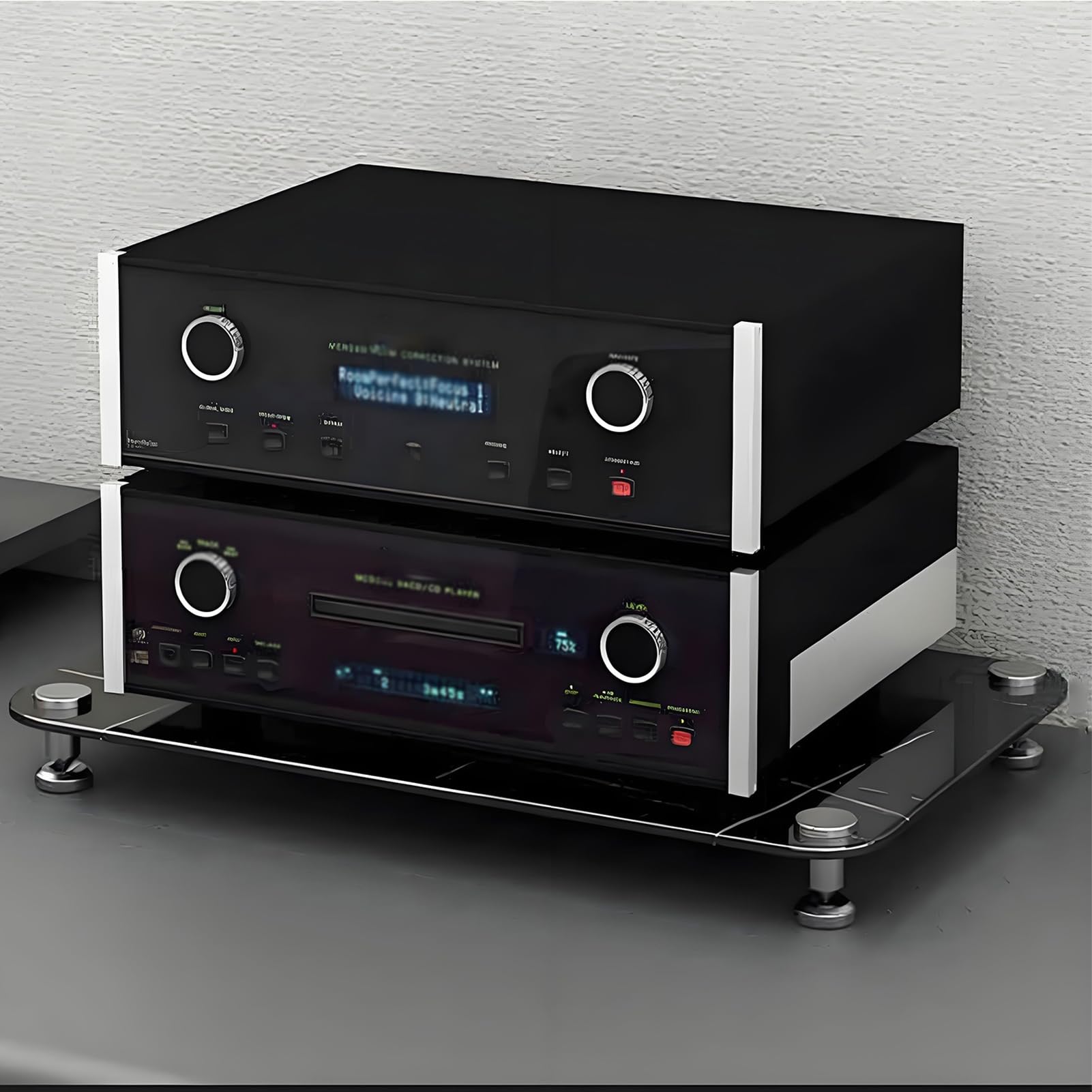 Meuble rack audio ouvert au sol avec 4 étagères en verre trempé noir