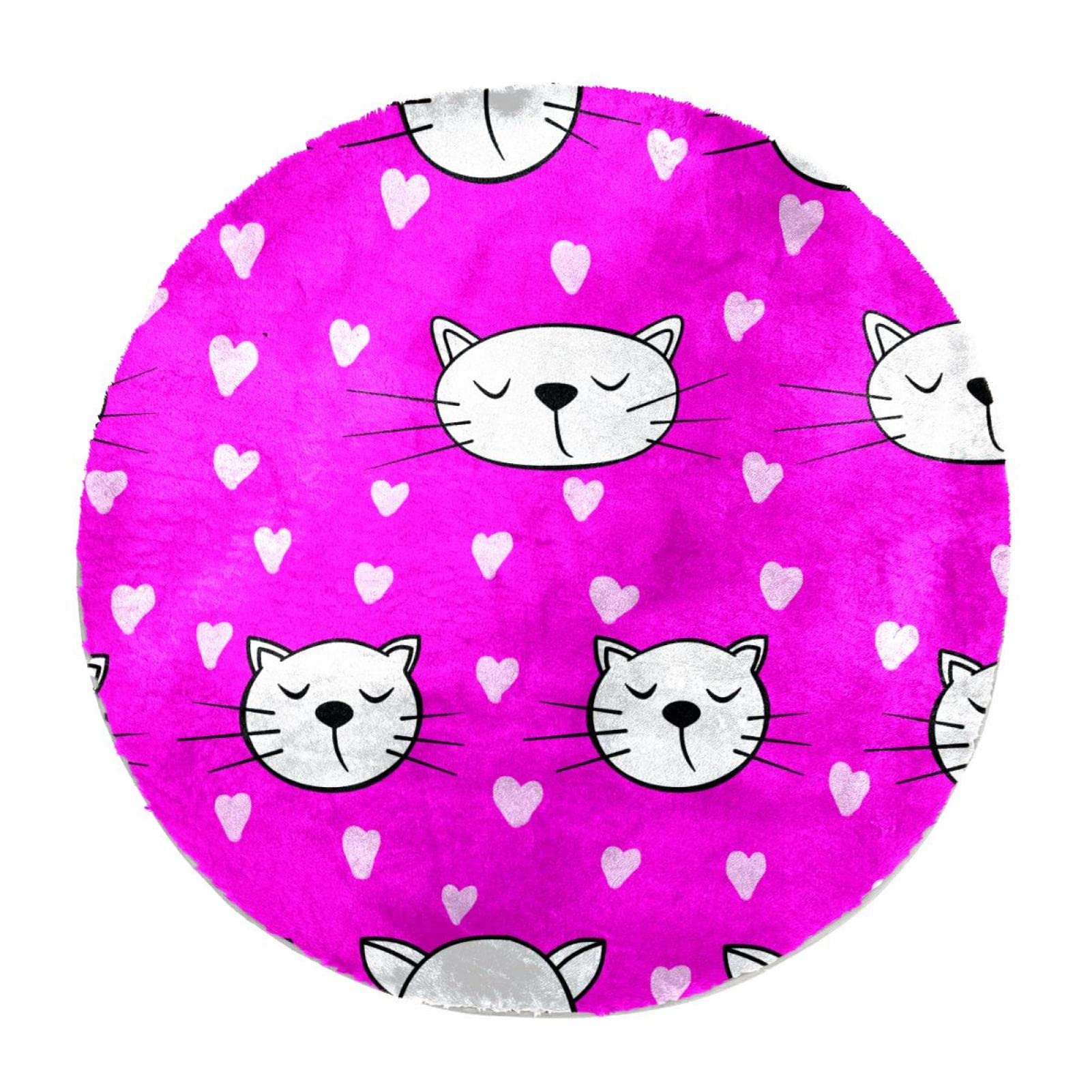 Tapis moelleux rond chat et cœurs violets 60x60 cm pour décoration de chambre d'enfant