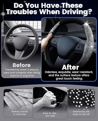 Miniatura 5 de Funda brillante para volante de automóvil para Tesla Modelo Y 2020-2023Modelo 3 2017-2023, 2 fundas para volante de automóvil con diamantes de
