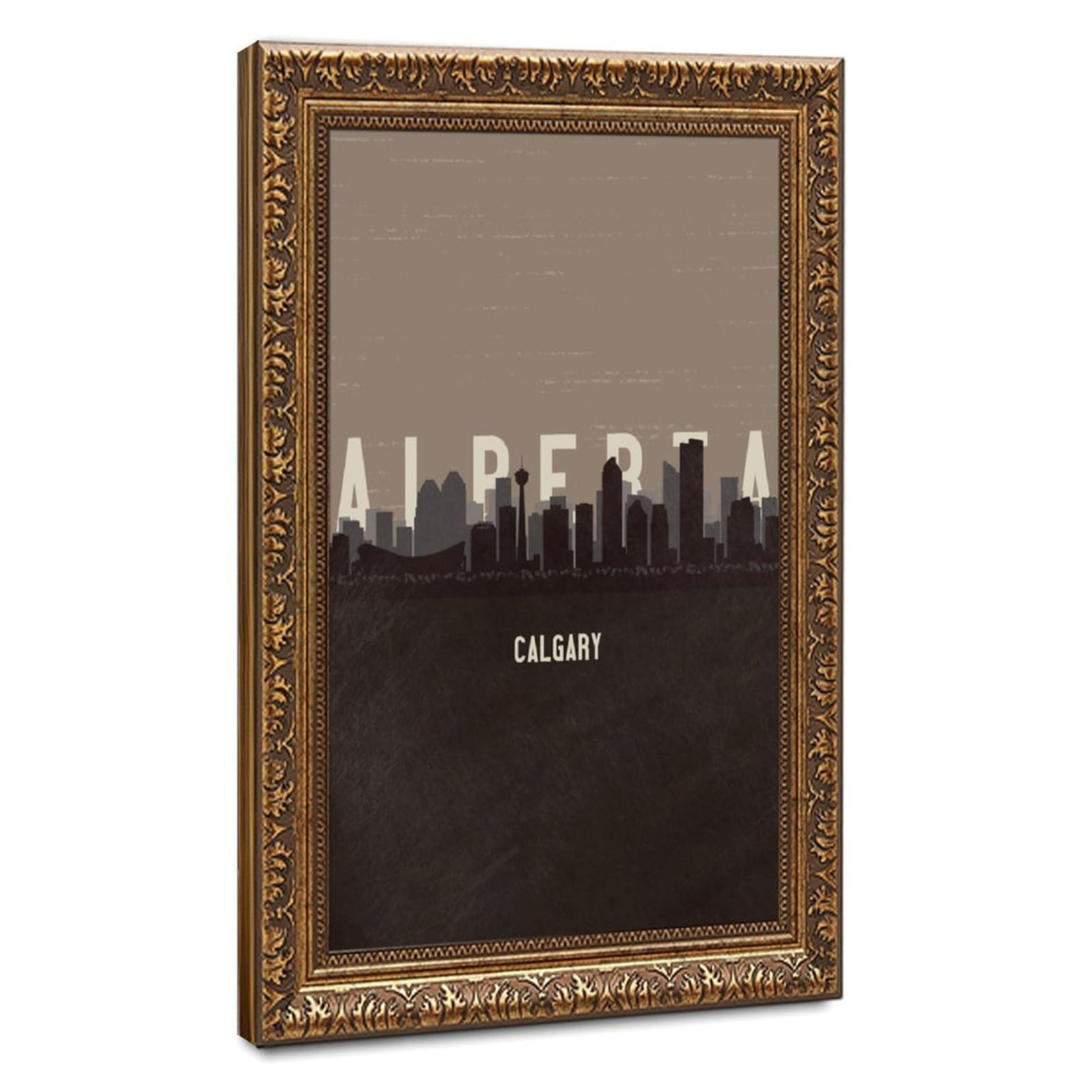 Poster su tela con ritratti di Calgary Alberta Skyline Vintage Minimalista Poster da parete Decorazione artistica da parete Dipinti per soggiorno camera da letto Decorazione Retro Cornice dorata: 40,6