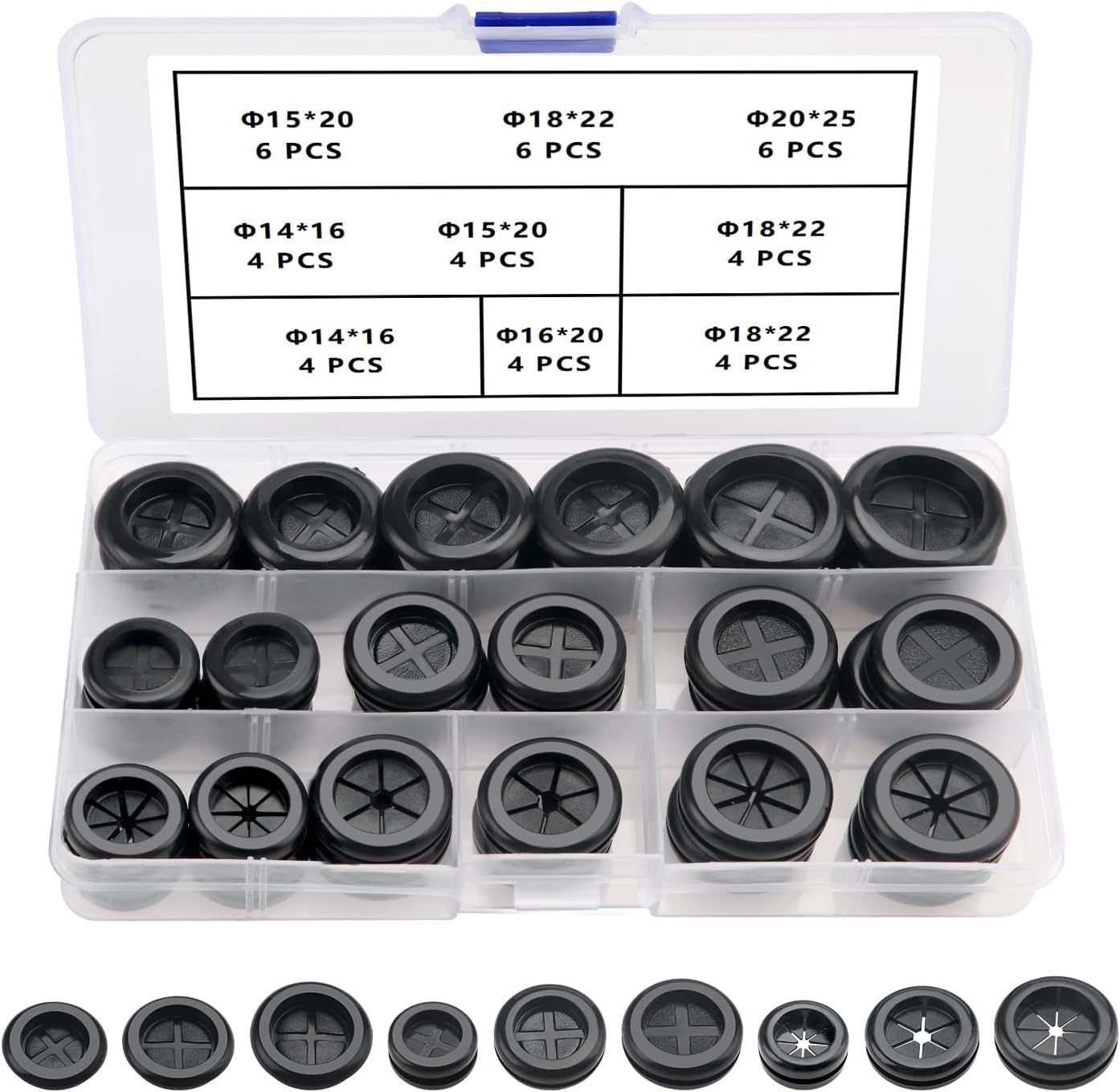 42 PCS 9 Sizes Rubber Grommets Kit, Conductor Gasket Ring Grommets, Black Rubber Hole Plugs Electrical Wire Gaskets, for Protecting Wires, Cables and Plugs
