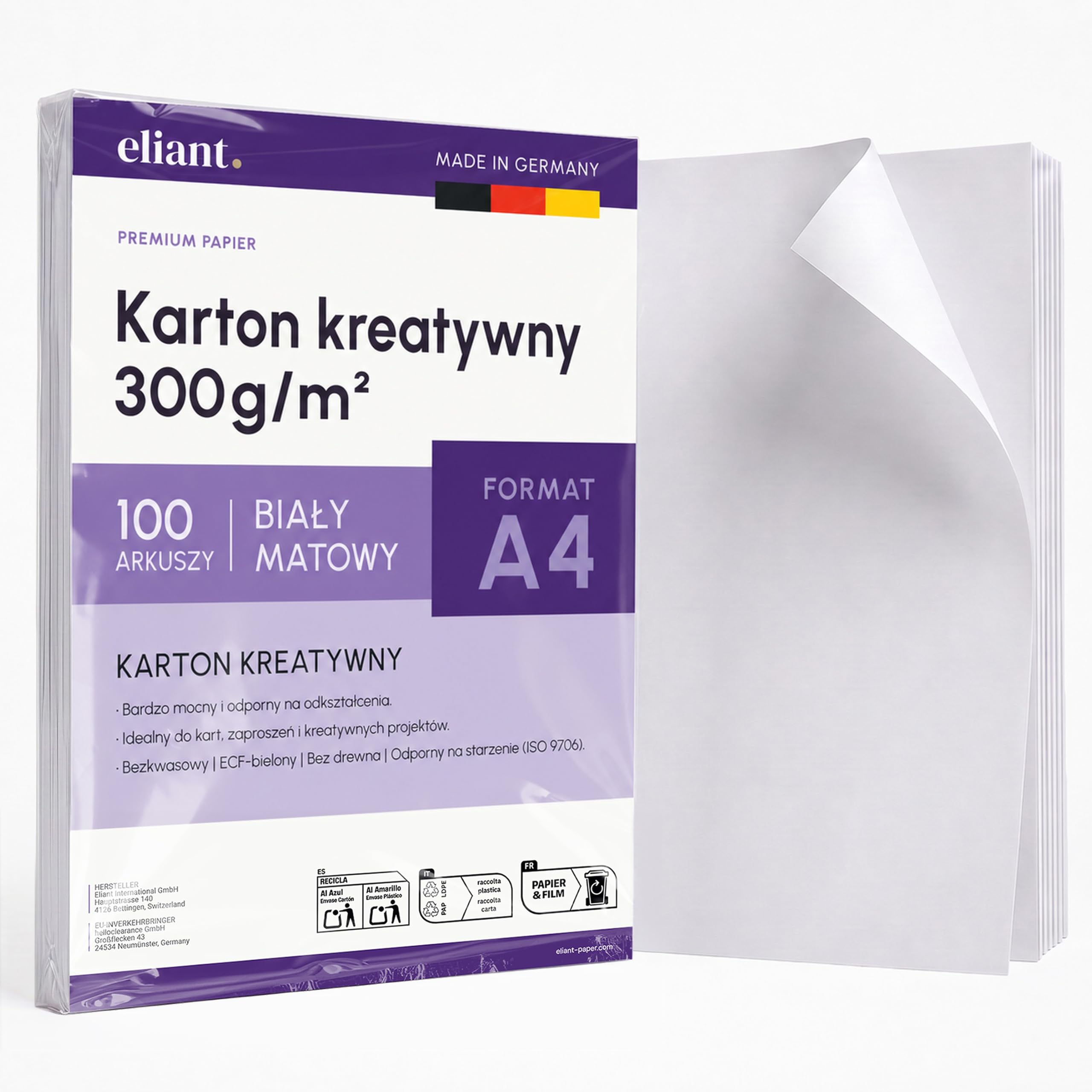 eliant. Karton do Majsterkowania A4 300g 100 Arkuszy Biały Made in Germany