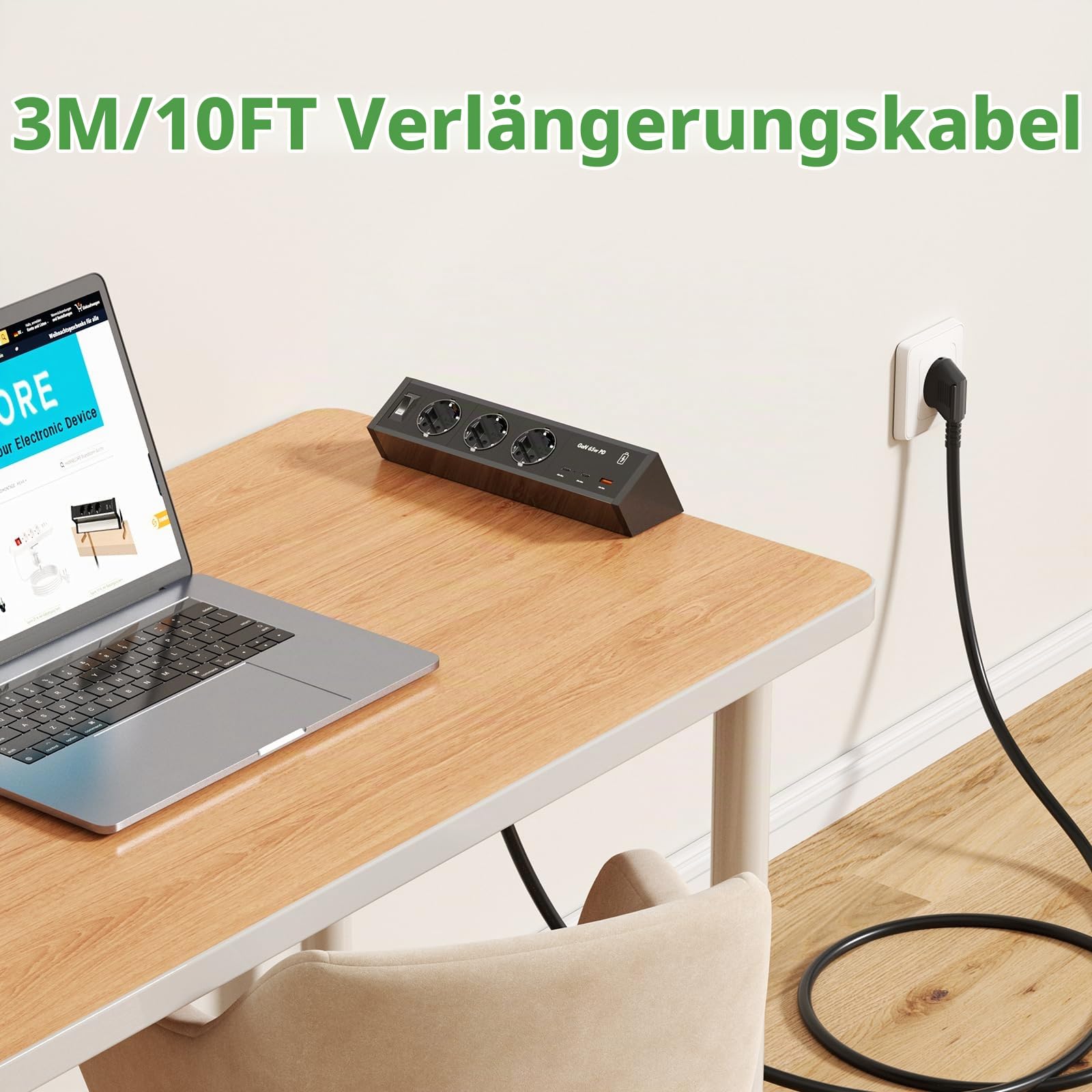 Tischsteckdose mit 2 USB C GaN PD 65W, 3 Fach Steckdosenleiste Schreibtisch 3M Kabel, Aluminum Steckdose Schreibtisch Klemmbar, Tischsteckdose Mehrfachsteckdose für Möbel oder Arbeitsflächen