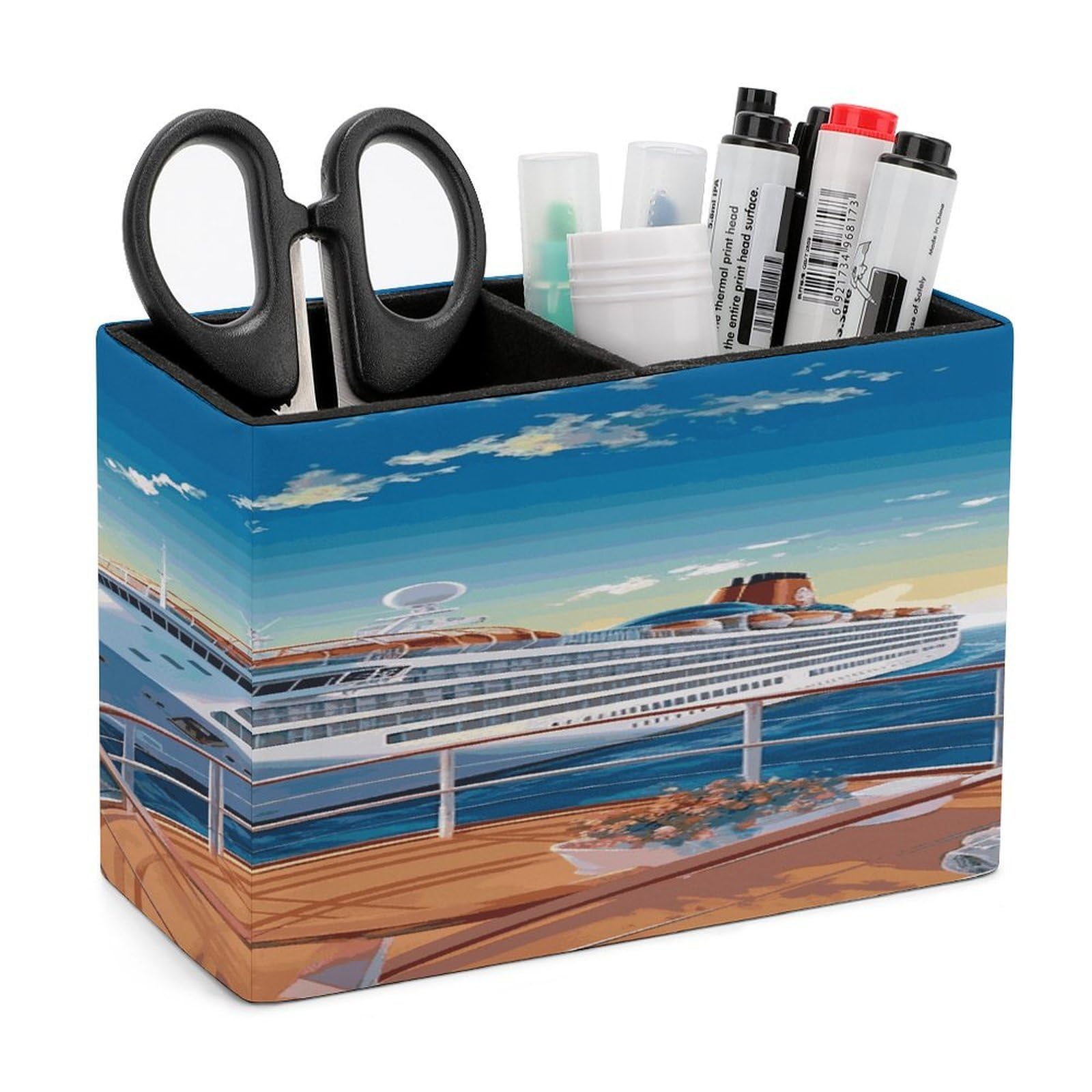 LDGSUPH Summer Sea Cruise Leather Pen Holder for Desk Organizer Caddy Large Pencil Cup Multi-function Pencil Holder Makeup Brush Holders Pen Organizer for Home Office Storage Box