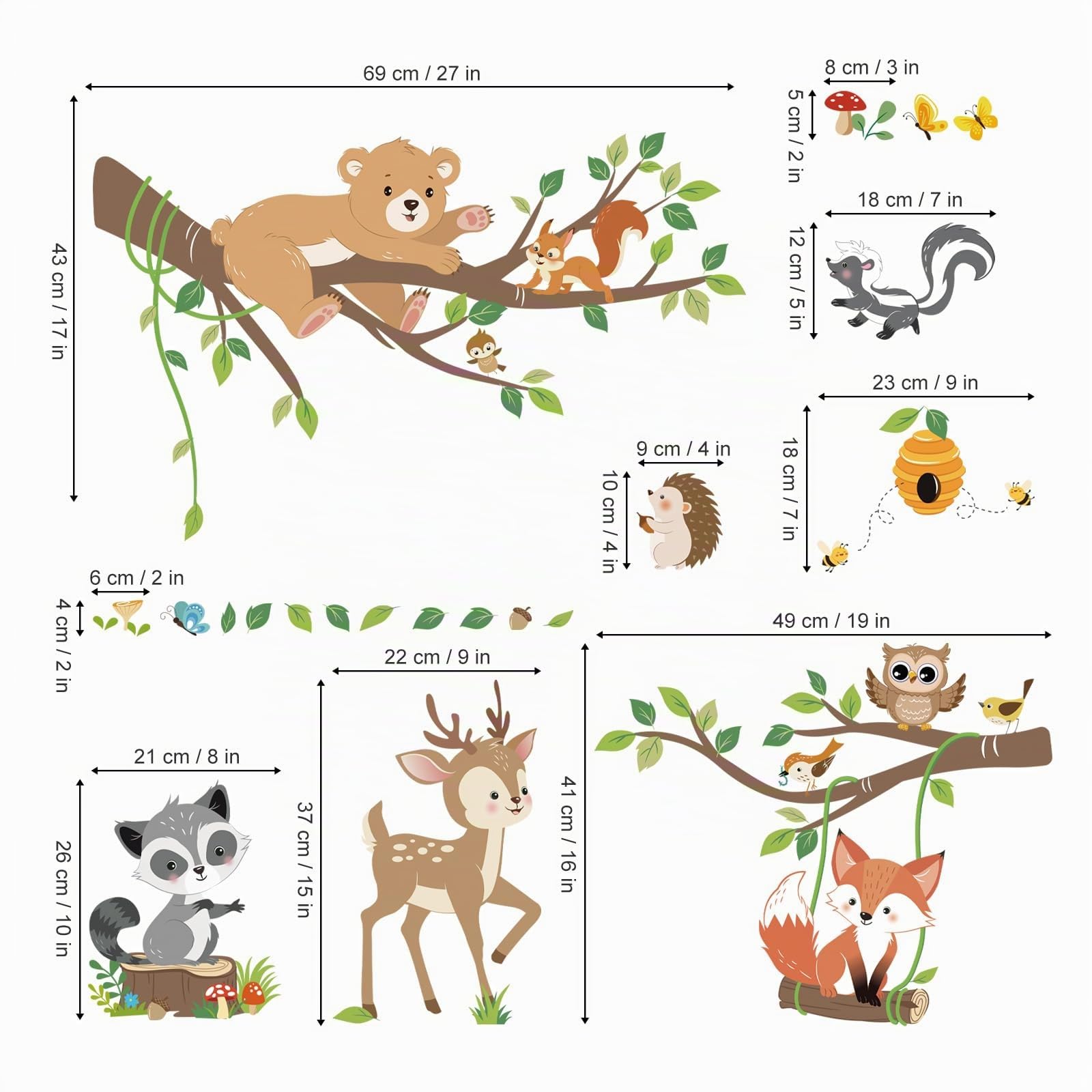 decalmile Pegatinas de Pared Bosque Animales Vinilos Decorativos Árbol Rama