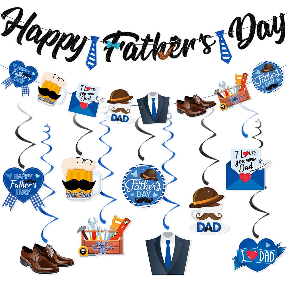 Happy Father's Day Banner Decorations and Ceiling Hanging Swirls for Party, Love Dad Fathers Day Party Theme Event Celebration Anniversary Decor