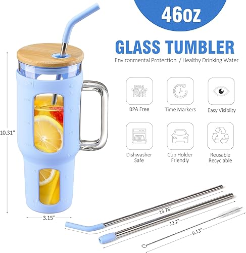 Miniatura 4 de Vaso de vidrio con tapa y pajilla, taza para café helado de 46 oz con asa, botellas de agua grandes con funda de silicona, taza de vidrio con
