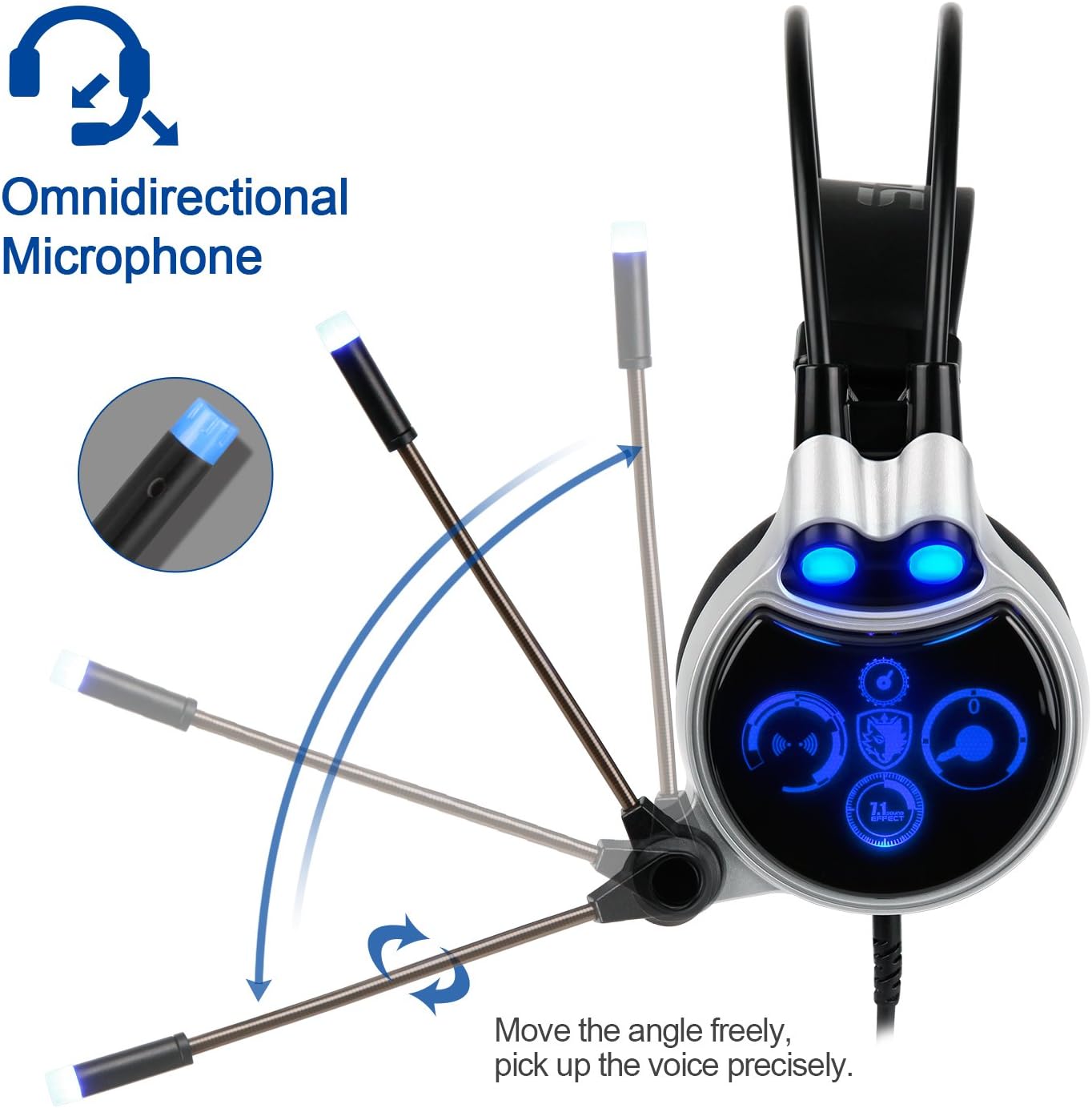 SADES SA908 7.1 Surround Sound Gaming Headset for PC with Noise Cancelling Mic, Cool Blue LED Light