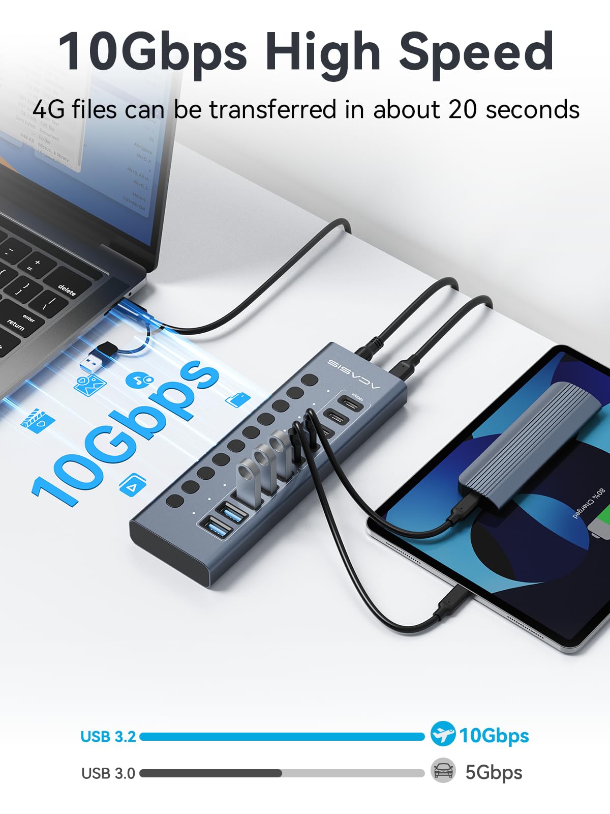 Hub USB 3.2 alimentato, hub USB 3.2 ACASIS a 10 porte (5 porte USB-A 3.2+5 porte USB-C 3.2), hub USB in alluminio alimentato con adattatore di alimentazione da 48 W, hub USB per PC/laptop, computer