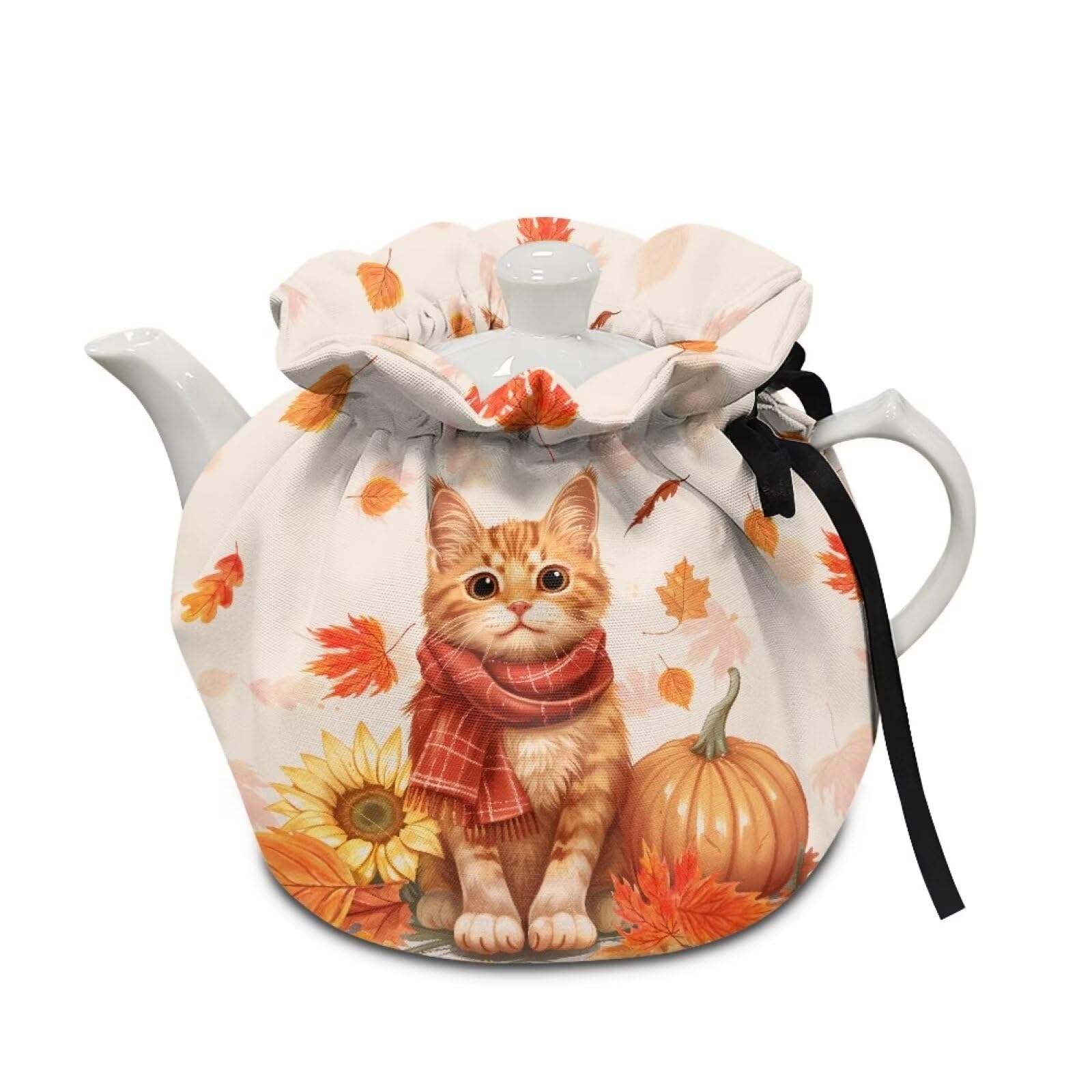 Generic Pumpkin Cat Tea Cosy for Teapots, Thanksgiving Tea Pot Dust Cover with Elastic Band, Insulated Kettle Cover, Breakfast Warmer for Home Kitchen Decorative Accessories