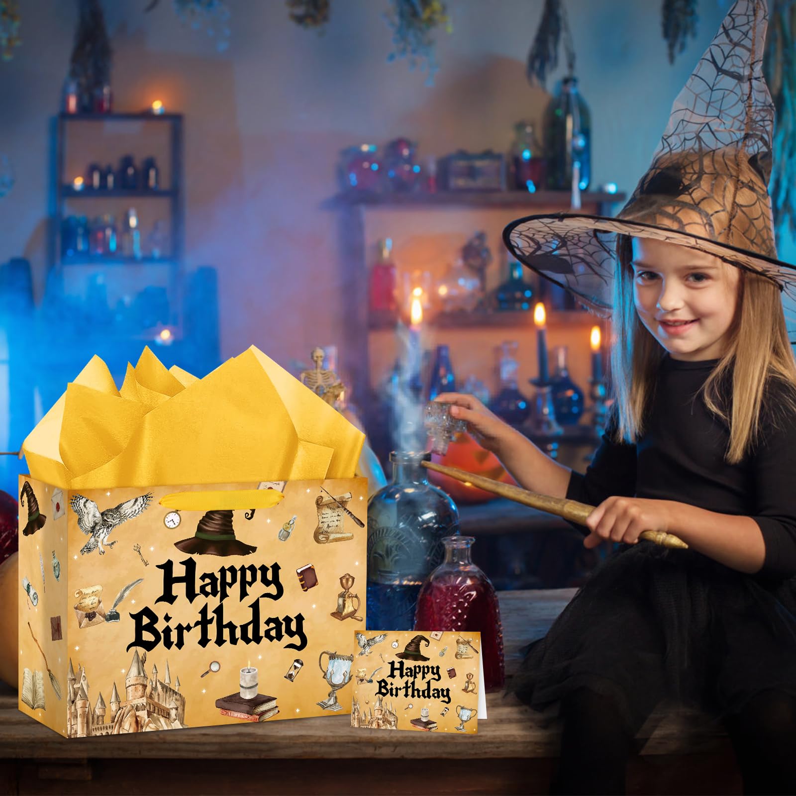 Abilat Large Wizard Birthday Gift Bag with Tissue Paper and Greeting Card Reusable Magical Hat Party Favor Wrapping Bag for Kids Boys Girls Wizard Themed Birthday Decorations Halloween Party Supplies
