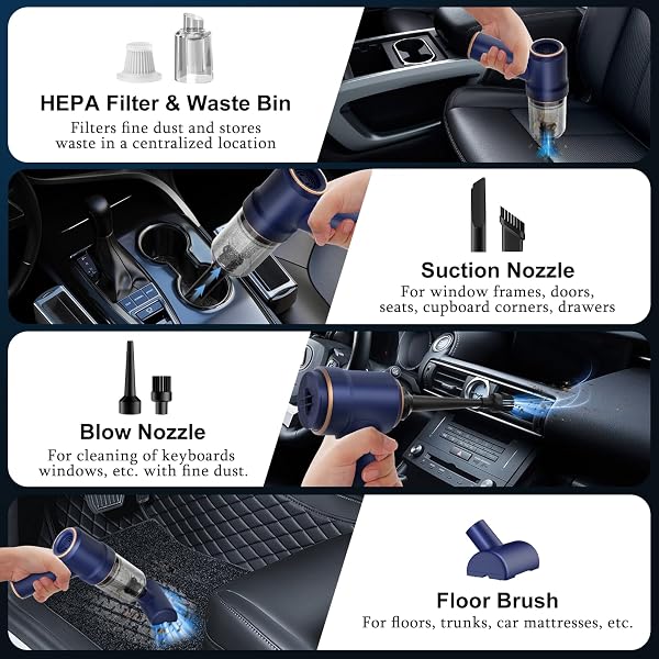 KMM Handheld Car Vacuum Cleaner, 19000Pa Vacuum Cleaner and Air Duster, 120W High Power Hand Held Vacuum with LED Light and Multi-Nozzles for Car, Home, Office, Pet - 5