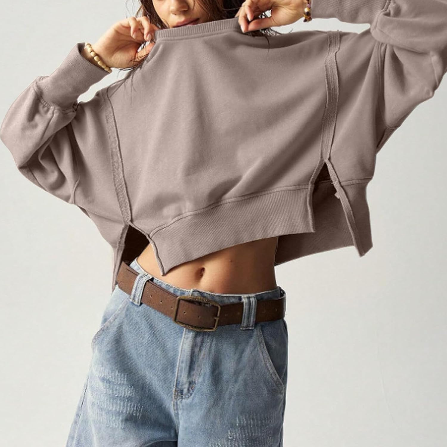 EGUGYDW Womens Crewneck Sweatshirts Cropped Long Sleeve Side Slit Loose Fit Teen Girls 2025 Fall Crop Pullover Tops - Image 7