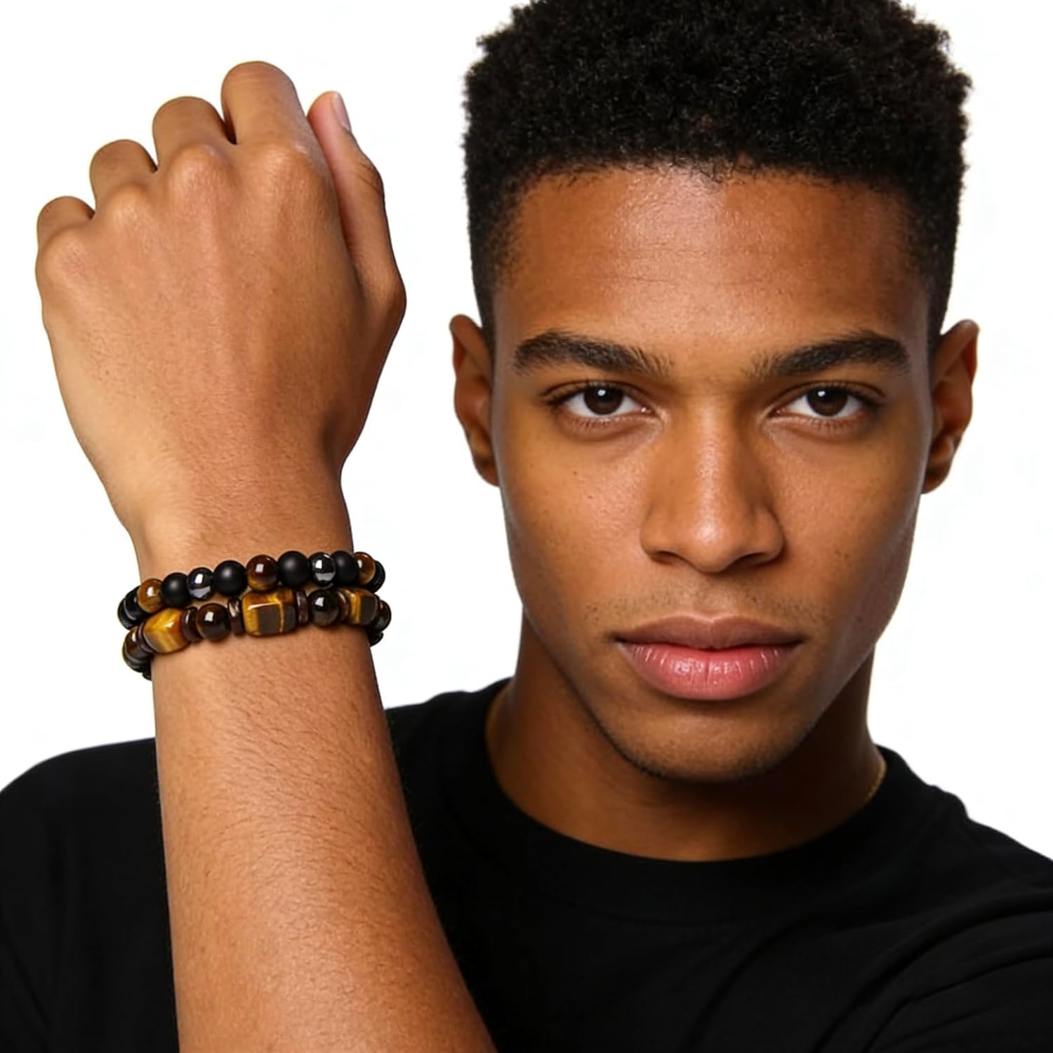 LINGYUAN Tiger’s Eye Bracelet for Men, Adjustable Bracelet for Strength, Focus & Protection