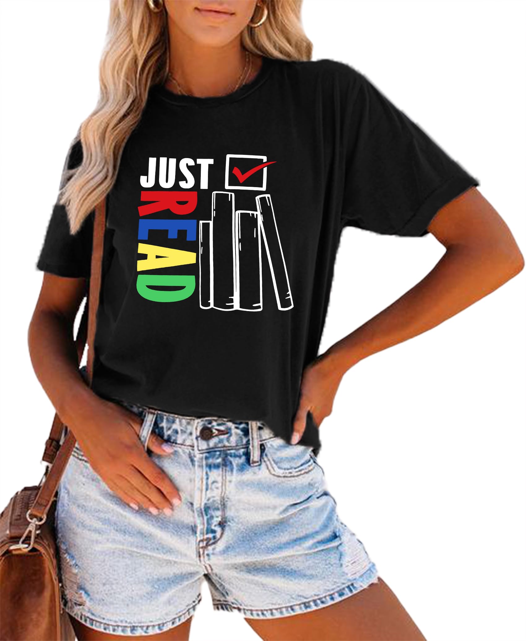MEESHEEPJust Read Shirt for Women Book Graphic Shirts Read Book Short Sleeve Librarian Shirt Reading Tee Top