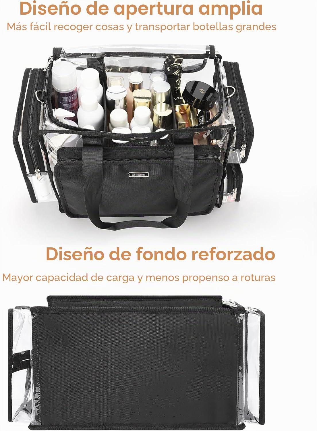 Relavel Bolsa de maquillaje transparente XXL - Juego de cosméticos profesional para viscosos y barberos, organizador de belleza de viaje con compartimentos ajustables, bolsa de lona transparente para