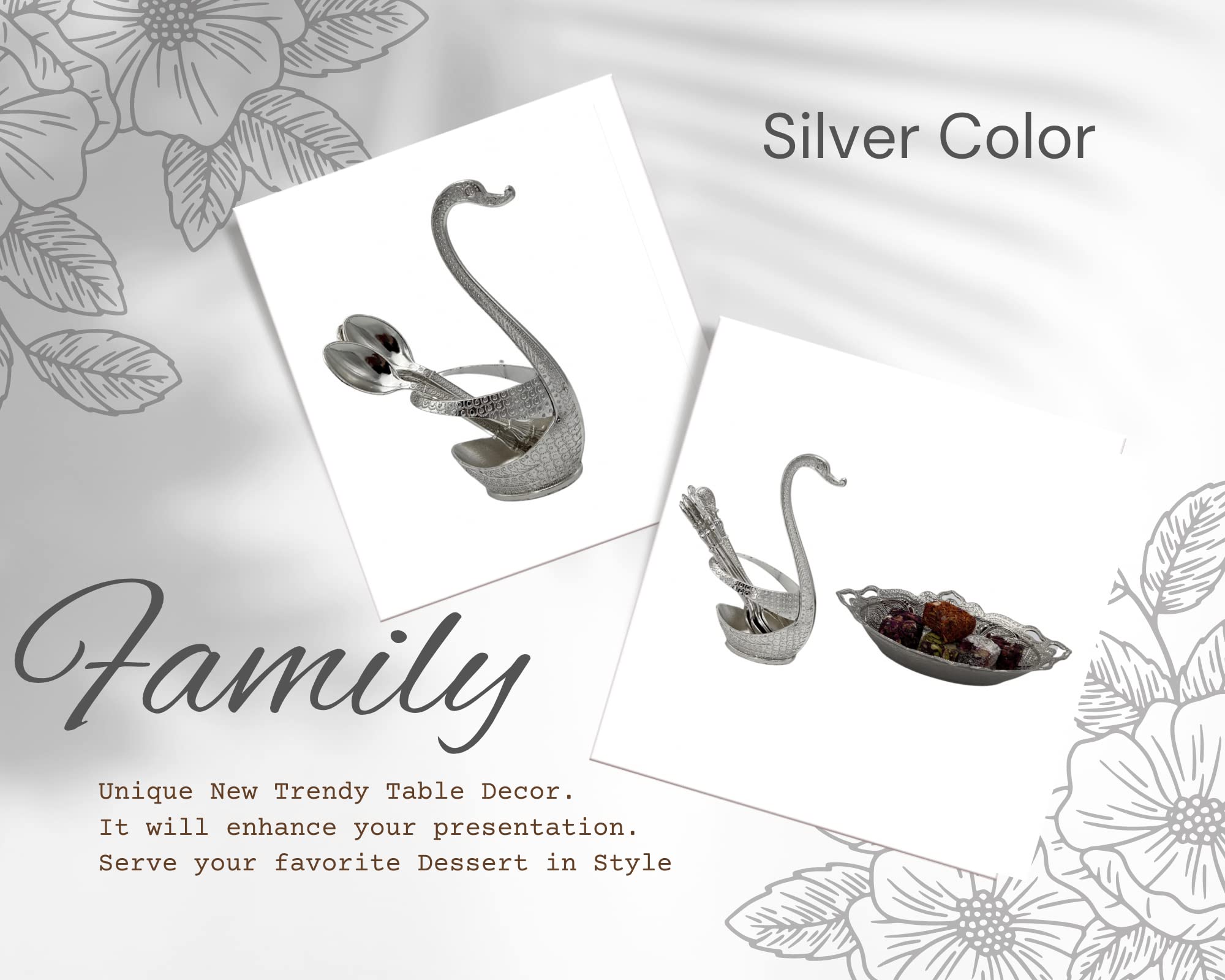 Eid Gift - Swan Spoon Mediterranean-European Style Luxury Cutlery Set with Holder, 7-Piece Silver Flatware