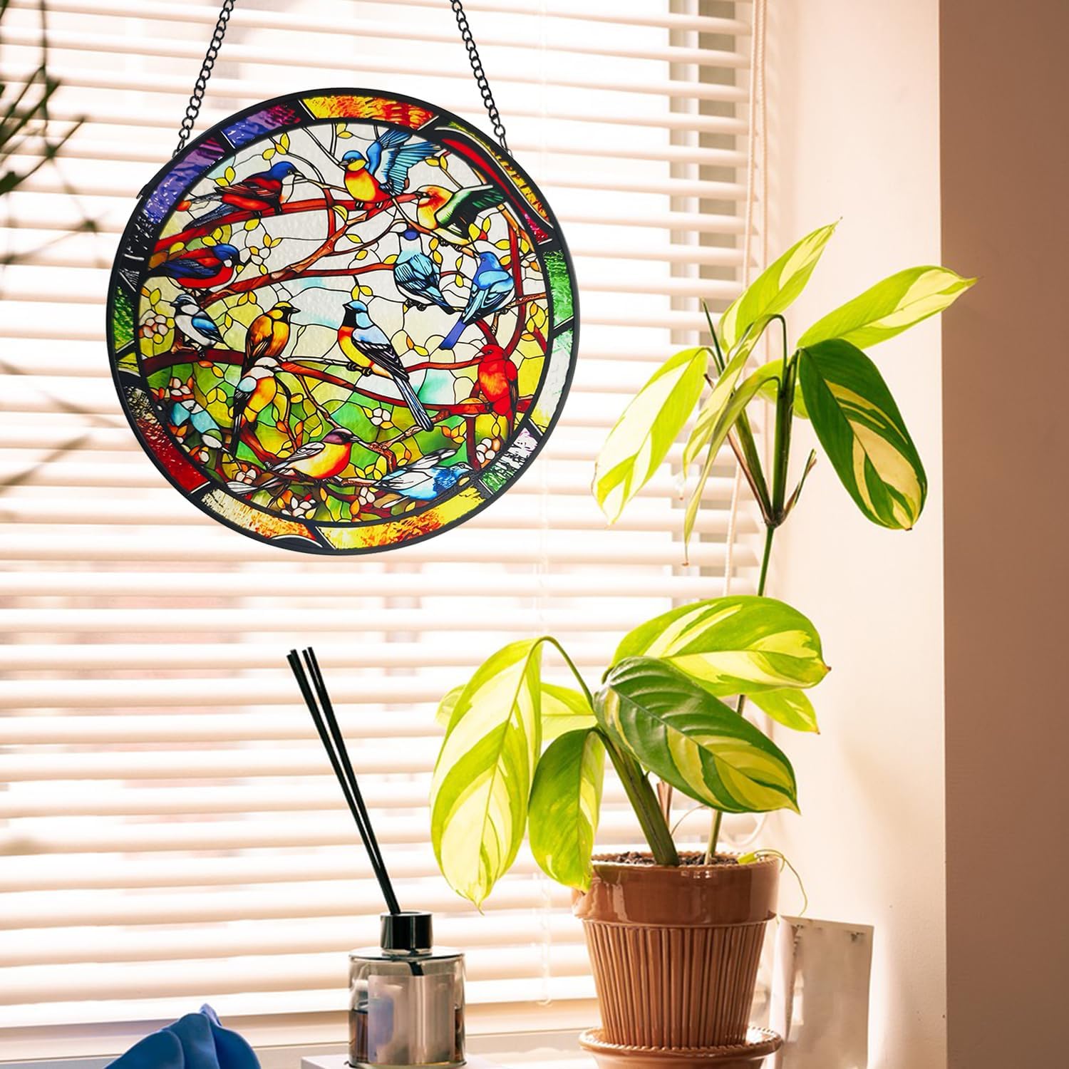 Birds Stained Glass Window Hanging, 7.9'' Birds on The Branch Suncatcher for Windows, Wall Art Glass Home Decor for Home, Garden