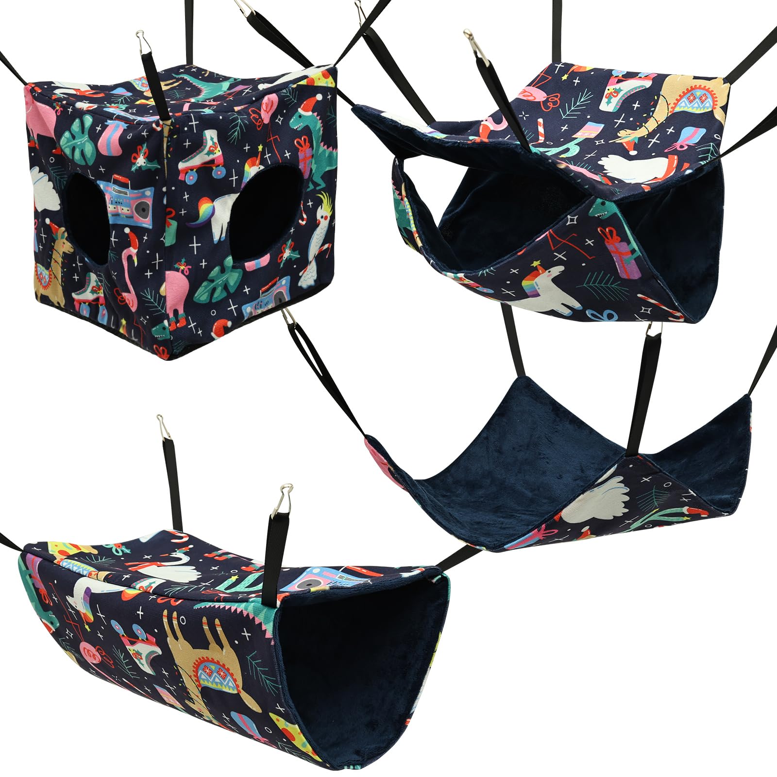 QINGLANG 4 Pcs Hamster Hammock Set Rat Hanging Bed Cage Accessories Washable Guinea Pig Hideout Bed Soft Ferret Hanging Nest Swing Small Animals Bedding Hut for Chinchilla Sugar Glider Squirrel(Navy)